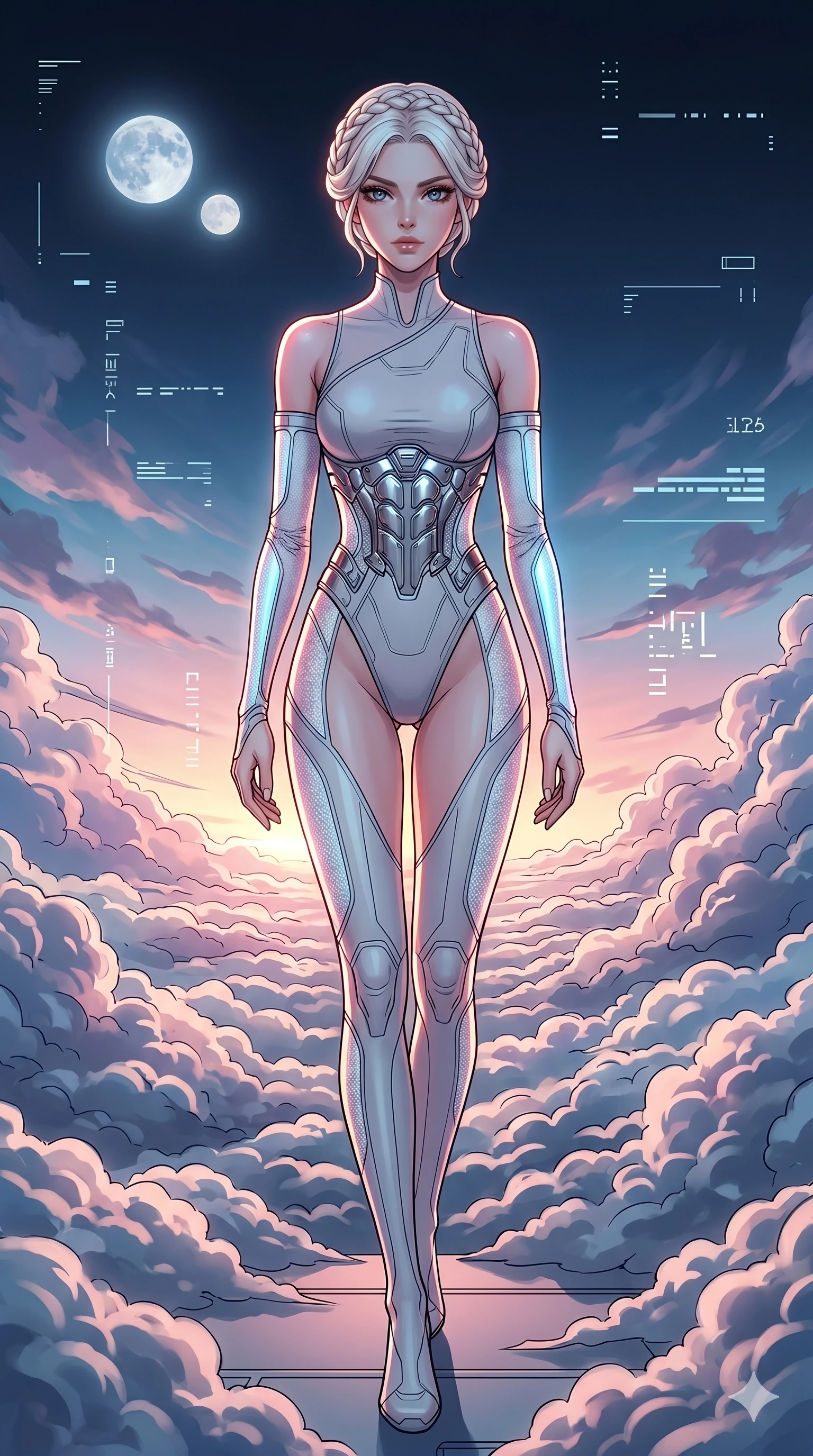 score_9, masterpiece, best quality, ultra-detailed, high-budget anime movie keyframe, cinematic anime lighting, intricate line art, Caucasian (strictly human ears) woman. Low angle cowboy shot filling the entire 9:16 frame with her statuesque presence. navigating a sea of clouds in a minimalist digital void under a twin-moon sky. She has an absolutely perfect 8-heads proportion, an exceptionally tall and slender female figure with an ultra-slim waist and impossibly long slender legs. sharp v-shaped jawline, high-bridge nose, intricate jewel-like eyes, thick eyelashes, glossy lips. Wearing asymmetrical high-cut tech-bodysuit with detached glowing sleeves, chrome-plated mechanical corset, and bioluminescent mesh panels clinging to her slender figure. The scene is illuminated by dramatic atmospheric lighting and vibrant color palettes. , 2k, ultra detail, master piece, 9:16 ratio