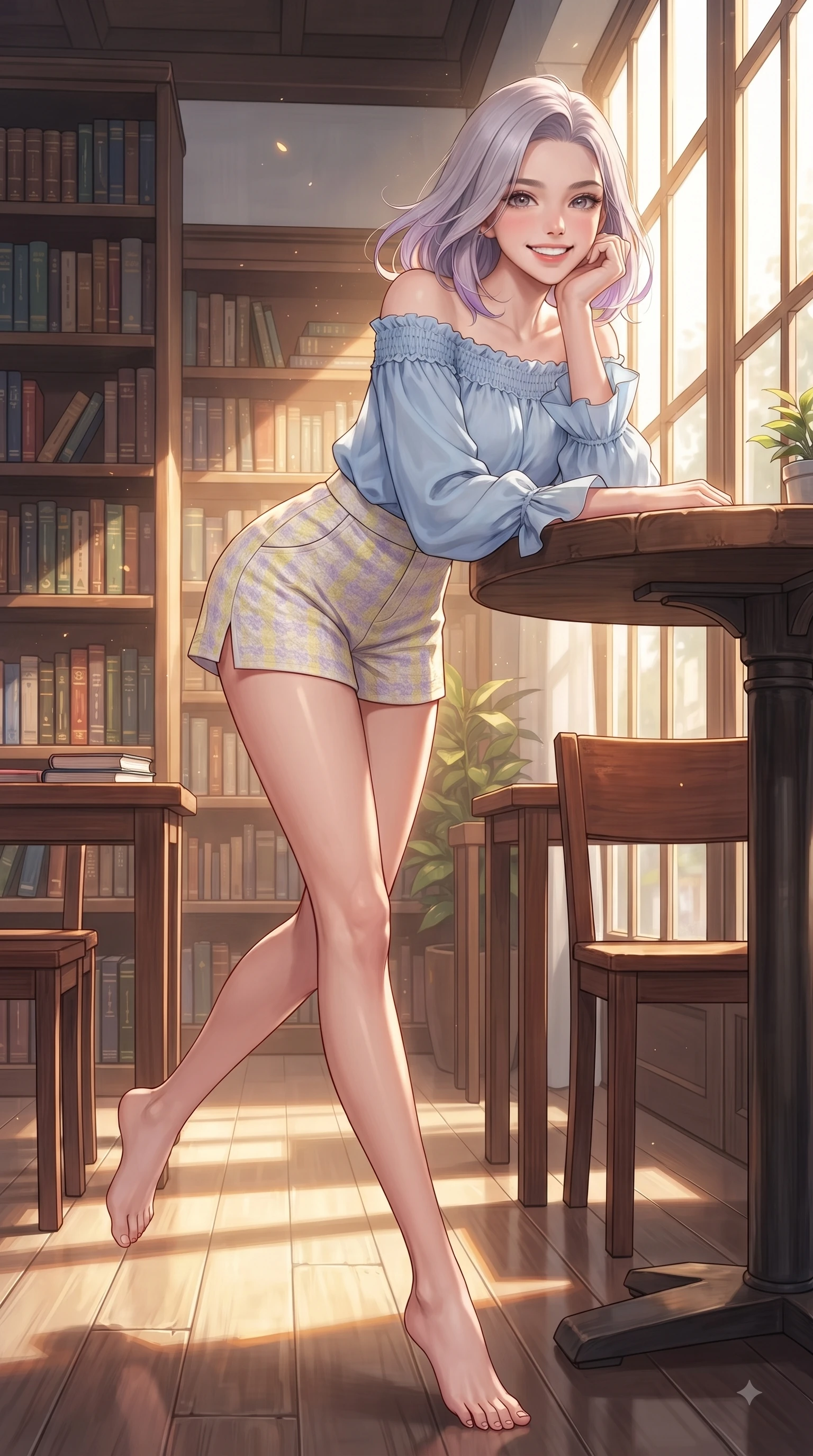 score_9, masterpiece, best quality, ultra-detailed, high-budget anime keyframe, editorial fashion photography, tasteful artistic composition, Caucasian woman. low angle full-body shot from head to toe showing her feet, filling the entire 9:16 vertical frame with her statuesque presence, stretching her vertical silhouette. leaping with pure youthful energy through the scene with a radiant bright smile, her long slender legs balanced gracefully while resting her chin on her hand at a rustic wooden table as golden afternoon sunbeams stream across. The surrounding environment is rendered in vivid detail and crisp panoramic clarity. intricate book spines, polished mahogany tables, and sunlight streaming through tall window frames. She has an absolutely perfect, statuesque 8.5-heads proportion, an exceptionally tall and slender model-like female figure with impossibly long slender legs and an ultra-slim waist. sharp v-shaped jawline, high-bridge nose, intricate jewel-like eyes with depth, thick eyelashes, glossy lips with a natural sheen, flawlessly proportioned anatomical accuracy, natural body alignment, perfectly sculpted elegant limbs, clean dynamic posture without body distortion. wearing a light blue off-shoulder chiffon blouse paired with tailored ivory shorts in soft lemon yellow and lavender violet, made of fine lightweight chiffon that flutters gently in the breeze, accented with soft smocked details and fluttery cuffs, the chic real-way fashion cut emphasizing her effortless charm. bathed in warm golden sunlight streaming through clean glass cafe windows. ultra-reflective glossy finish, specular highlights, metallic sheen, high-contrast stereoscopic depth, volumetric dynamic lighting, 2k, ultra detail, master piece, 9:16 ratio