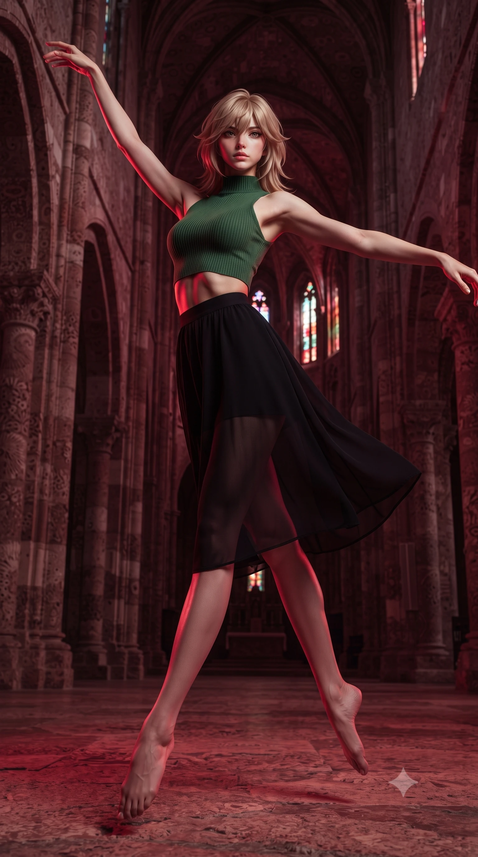 score_9, masterpiece, best quality, ultra-detailed, high-budget anime keyframe, editorial fashion photography, tasteful artistic composition, Japanese woman. low angle full-body shot from head to toe showing her feet, filling the entire 9:16 vertical frame with her statuesque presence, stretching her vertical silhouette. pirouetting mid-air inside inside an ancient cathedral whose massive stone walls are built entirely from fossilized coral preserving millions of years of marine life in intricate stone patterns each pillar a compressed timeline of ocean history. She has a statuesque 8.5-heads proportion, an exceptionally tall, slender and willowy model-like build with impossibly long legs and a highly sculpted ultra-slim waist. sharp v-shaped jawline, high-bridge nose, intricate jewel-like eyes with depth, thick eyelashes, glossy lips with a natural sheen. wearing a high-neck ribbed crop top in forest green, paired with a midi skirt featuring a sheer chiffon overlay revealing her legs. deep crimson theatrical lighting with sharp specular highlights on every curve. 2k, ultra detail, master piece, 9:16 ratio