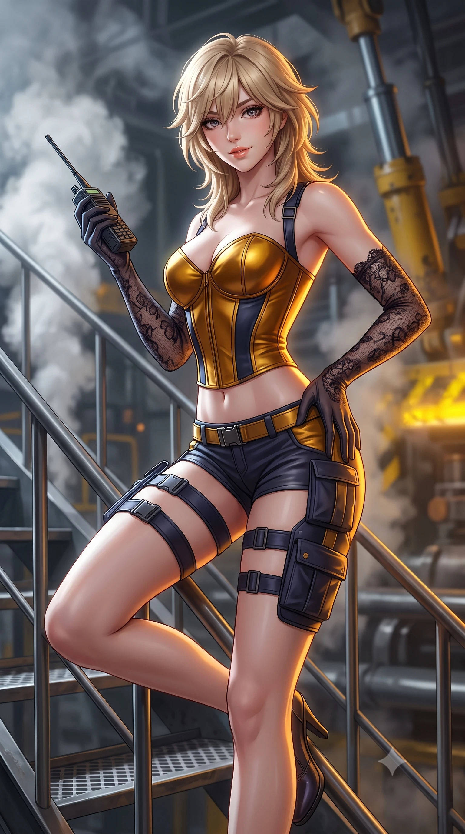 score_9, masterpiece, best quality, ultra-detailed, high-budget anime keyframe, semi-realistic 3D game render, editorial fashion photography, tasteful artistic composition, Japanese woman. close-up cowboy shot from the waist and thighs up, the character dominates the composition, filling the frame with her large presence. tilting her head with a teasing half-smile, running one hand slowly down the side of her hip in a flirtatious S-curve as ambient light caresses her silhouette while perched sideways on the steel stairway railing with one leg extended, holding a tactical radio with dangerous coquettish cool. The background shows a soft-focus billowing steam clouds, massive hydraulic pistons, and glowing hazard yellow paint blurred into charcoal, sulphur, and amber bokeh. She has an exceptionally elegant, slender, and willowy female figure with an ultra-slim waist, flat toned midriff, narrow ribcage, and sculpted feminine hips creating an alluring, slim hourglass silhouette without bulk. sharp v-shaped jawline, high-bridge nose, sparkling eyes with hypnotic seductive depth, thick curled eyelashes, glossy parted lips with a natural dewy peach sheen, alluring bedroom-eyes with an enchanting coquettish smile, exuding magnetic siren charisma and sophisticated glamour, flawlessly proportioned anatomical accuracy, strict slender model proportions, natural body alignment, perfectly sculpted long slender limbs, ultra-slim waistline, clean dynamic posture without body distortion. wearing a structured boned tactical leatherette corset bodice paired with low-rise cargo hot-pants and thigh holster straps in molten liquid gold and midnight indigo, crafted from second-skin technical compression fabric with moisture-wicking stretch, complemented by sheer opera-length lace evening gloves tracing her slender arms, the form-contouring silhouette accentuating her sculpted flat midriff, narrow delicate ribcage, and gracefully curvy hips with intoxicating allure. illuminated by steel grating reflection fill and sharp amber-gold rim lighting defining her jawline, ultra-slim waist, and curvy hips. highly saturated vibrant anime colors, detailed shading with soft gradients, rich glossy textures, high-contrast stereoscopic depth, volumetric dynamic lighting, master piece, 9:16 ratio