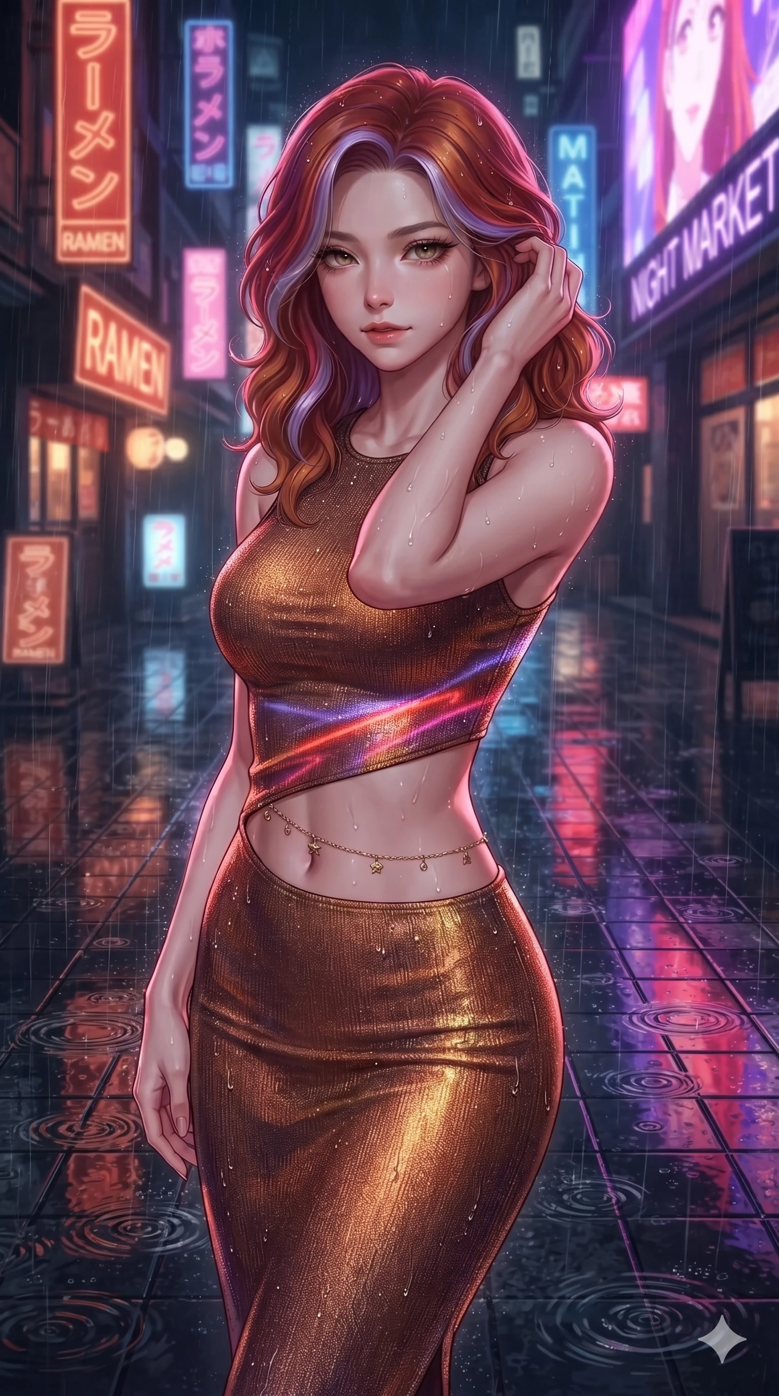 score_9, masterpiece, best quality, ultra-detailed, high-budget anime keyframe, editorial fashion photography, tasteful artistic composition, Caucasian woman. close-up cowboy shot from the waist and thighs up, the character dominates the composition, filling the frame with her large presence. gently brushing a lock of hair behind her ear while casting a playful, flirtatious side-gaze with long eyelashes while twisting her slender torso in an alluring contrapposto, vibrant scarlet and violet billboard reflections tracing her flat midriff and hourglass curves. The surrounding environment is rendered in vivid detail and crisp panoramic clarity: sharp water puddle reflection ripples on black granite tiles, crisp raindrop speculars on stone, and neon tube glass details in deep focus. She has an exceptionally elegant, slender, and willowy female figure with an ultra-slim waist, flat toned midriff, narrow ribcage, and sculpted feminine hips creating an alluring, slim hourglass silhouette without bulk. sharp v-shaped jawline, high-bridge nose, intricate jewel-like sparkling eyes with depth, thick eyelashes, glossy parted lips with a natural sheen, intensely captivating and seductive bedroom-eyes expression, exuding both youthful cute charm and sovereign luxury allure, flawlessly proportioned anatomical accuracy, strict slender model proportions, natural body alignment, perfectly sculpted long slender limbs, ultra-slim waistline, clean dynamic posture without body distortion. wearing a body-contouring metallic lurex knit column dress casting radiant starlight shimmer across her flat midriff in rich copper bronze and warm amber, crafted from bespoke double-faced cashmere with an exceptionally soft tactile finish, accented with a dainty gold belly chain resting across her flat midriff and curving hips, the form-contouring cut accentuating her sculpted flat midriff, narrow delicate ribcage, and gracefully curvy hips with intoxicating allure. illuminated by rain puddle bounce and sharp scarlet-violet rim lights sculpting her razor-sharp jawline, narrow waist, and curvy hips. ultra-reflective glossy finish, specular highlights, rich textural contrasts, high-contrast stereoscopic depth, volumetric dynamic lighting, 2k, ultra detail, master piece, 9:16 ratio