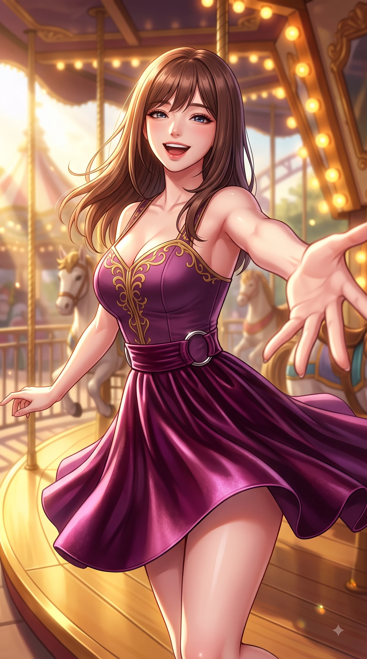 score_9, masterpiece, best quality, ultra-detailed, high-budget anime keyframe, editorial fashion photography, tasteful artistic composition, Korean woman. close-up cowboy shot from the waist and thighs up, the character dominates the composition, filling the frame with her large presence, background elements kept in soft focus. Joyful laughing expression filled with genuine happiness and warmth, leaning forward with cheerful energy while reaching one arm out playfully toward the camera while spinning on a golden carousel deck, golden hour sunbursts filtering through theme park structures in magical beams. She has an exceptionally elegant, slender, and willowy female figure with an ultra-slim waist, a gracefully sculpted slender torso, and a refined silhouette. sharp v-shaped jawline, high-bridge nose, intricate jewel-like eyes with depth, thick eyelashes, glossy lips with a natural sheen, flawlessly proportioned anatomical accuracy, natural body alignment, perfectly sculpted elegant limbs, clean dynamic posture without body distortion. wearing a modern fusion silk hanbok dress with a structured bodice and flowing skirt in plum purple and gold filigree, made of premium stretch velvet with a rich sheen, accented with delicate chrome ring hardware framing her waist, the sleek second-skin texture accentuating her magnetic presence. bathed in glorious golden hour sunbeams and warm amber carousel lamp radiance. highly saturated vibrant anime colors, detailed shading with soft gradients, rich glossy textures, high-contrast stereoscopic depth, volumetric dynamic lighting, master piece, 9:16 ratio