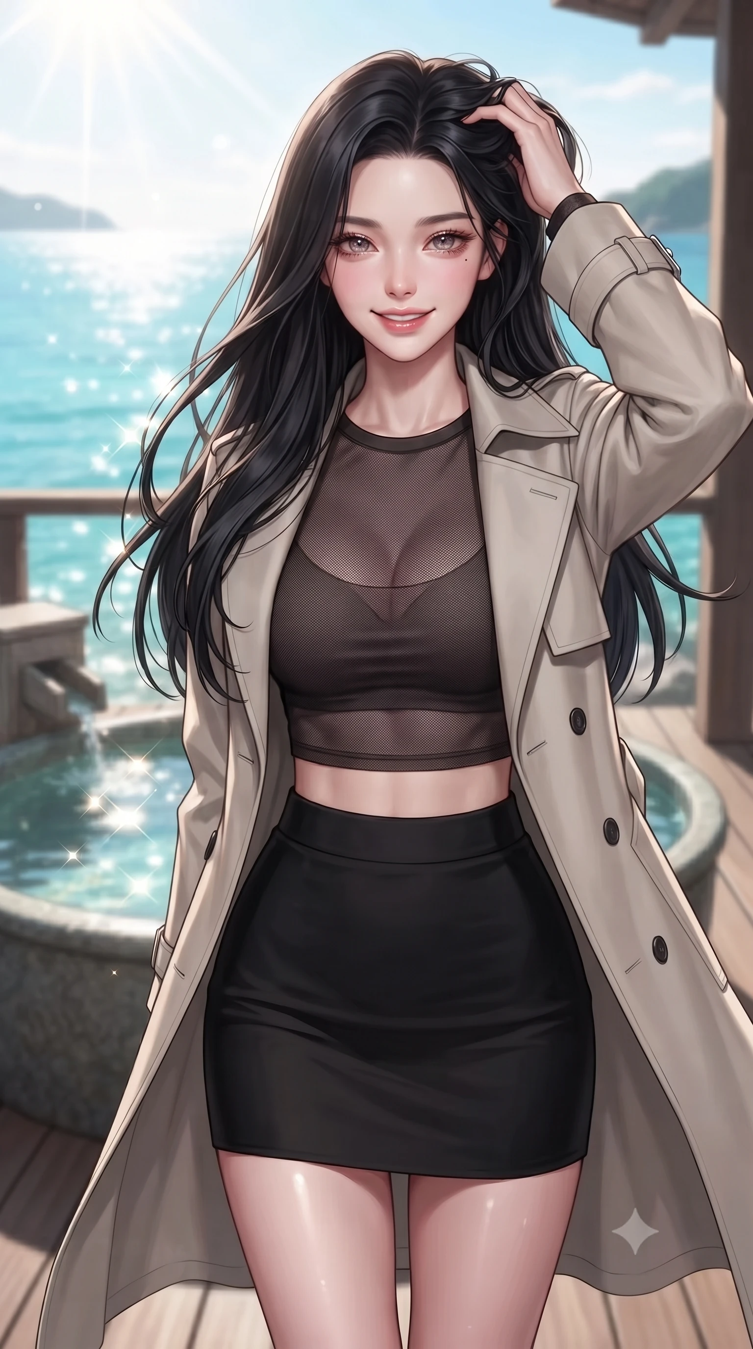 score_9, masterpiece, best quality, ultra-detailed, high-budget anime keyframe, editorial fashion photography, tasteful artistic composition, Korean woman woman. close-up cowboy shot from the waist and thighs up, the character dominates the composition, filling the frame with her large presence, background elements kept in soft focus. smiling with quiet, magnetic self-assurance directly into the camera, running a hand through her hair the background shows a soft-focus a stone bath tub on a private deck overlooking a quiet bay with turquoise water. She has an exceptionally elegant, slender, and willowy female figure with an ultra-slim waist, a gracefully sculpted slender torso, and a refined silhouette. sharp v-shaped jawline, high-bridge nose, intricate jewel-like eyes with depth, thick eyelashes, glossy lips with a natural sheen. wearing a slim-fit semi-opaque dark mesh crop top paired with a mini skirt, layered with a tailored light trench coat. bright morning sun rays creating sparkling glints on the sea and water tub. ultra-reflective glossy finish, specular highlights, metallic sheen, high-contrast stereoscopic depth, volumetric dynamic lighting, 2k, ultra detail, master piece, 9:16 ratio
