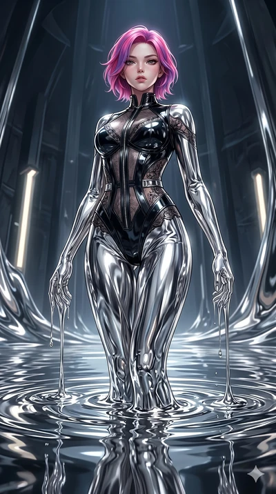 score_9, masterpiece, best quality, ultra-detailed, High-budget Anime Keyframe, East Asian woman. Dynamic full-body shot stretching the vertical silhouette to the limit. Scenario 14: Rising from a pool of mercury-like liquid, shimmering fluid reflect