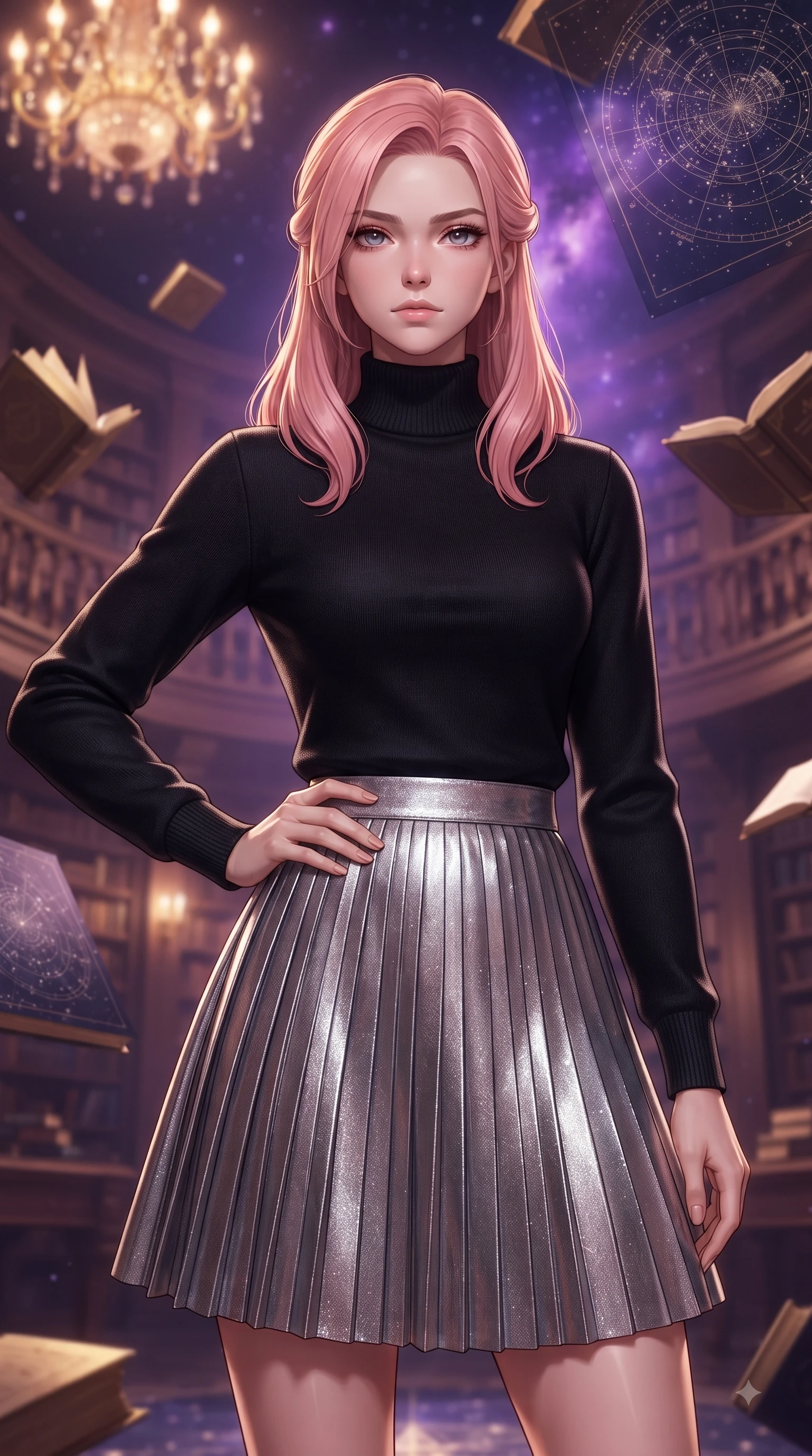 score_9, masterpiece, best quality, ultra-detailed, high-budget anime keyframe, editorial fashion photography, tasteful artistic composition, Japanese woman woman. close-up cowboy shot from the waist and thighs up, the character dominates the composition, filling the frame with her large presence, background elements kept in soft focus. She has an exceptionally elegant, slender, and willowy female figure with an ultra-slim waist, a gracefully sculpted slender torso, and a refined silhouette. holding a confident power pose with one hand on her hip, looking directly into the camera with quiet self-assurance, flawlessly proportioned anatomical accuracy, natural body alignment, perfectly sculpted elegant limbs, clean dynamic posture without body distortion. set against a soft-focus background of a grand baroque library with floating golden books and star charts. wearing an elegant high-neck cashmere sweater with a pleated metallic silver A-line skirt. bathed in warm ambient chandelier glow contrasting with deep space nebula purple light. ultra-reflective glossy finish, specular highlights, metallic sheen, high-contrast stereoscopic depth, volumetric dynamic lighting, 2k, ultra detail, master piece, 9:16 ratio