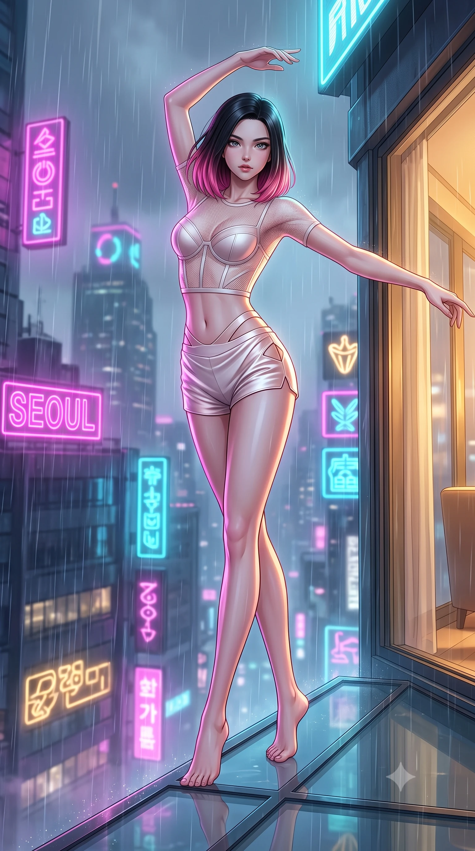 score_9, masterpiece, best quality, ultra-detailed, high-budget anime keyframe, editorial fashion photography, tasteful artistic composition, Korean woman. low angle full-body shot from head to toe showing her feet, filling the entire 9:16 vertical frame with her statuesque presence, stretching her vertical silhouette. performing an athletic mid-air rotation with flawless poise, her vertical silhouette beautifully stretched while standing dynamically on the glass ledge of a 100th-floor rooftop during a neon rainstorm, soft urban mist scattering vibrant magenta and cyan neon rim light around her form. She has an absolutely perfect, statuesque 8.5-heads proportion, an exceptionally tall and slender model-like female figure with impossibly long slender legs and an ultra-slim waist. sharp v-shaped jawline, high-bridge nose, intricate jewel-like eyes with depth, thick eyelashes, glossy lips with a natural sheen, flawlessly proportioned anatomical accuracy, natural body alignment, perfectly sculpted elegant limbs, clean dynamic posture without body distortion. wearing a delicate see-through mesh top with structured cup boning and micro-shorts in pearl white and rose gold, crafted from lustrous satin jersey with fluid draping, featuring subtle geometric cutouts that highlight her ultra-slim midriff, the glove-like fit emphasizing her statuesque silhouette during motion. illuminated by warm indoor golden light and cool rainy blue neon rim light. highly saturated vibrant anime colors, detailed shading with soft gradients, rich glossy textures, high-contrast stereoscopic depth, volumetric dynamic lighting, master piece, 9:16 ratio