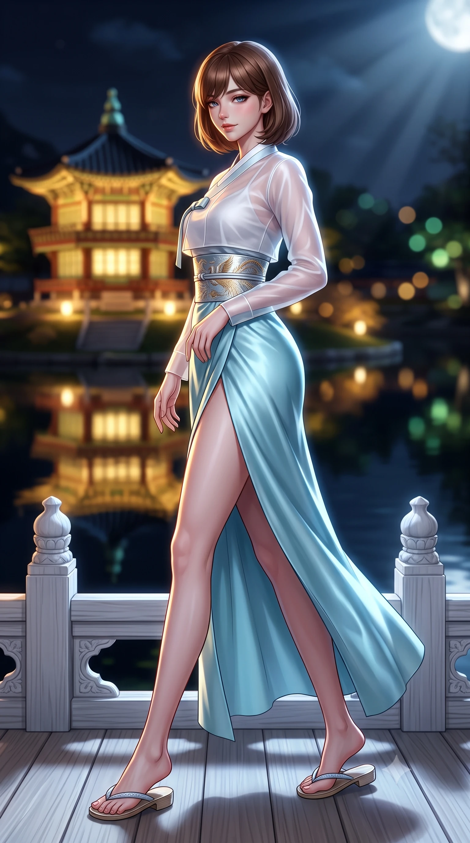 score_9, masterpiece, best quality, ultra-detailed, high-budget anime keyframe, semi-realistic 3D game render, editorial fashion photography, tasteful artistic composition, Caucasian woman. low angle full-body shot from head to toe showing her feet, filling the entire 9:16 vertical frame with her statuesque presence, stretching her vertical silhouette. walking slowly through the bamboo pathway, looking back over her shoulder with an air of effortless oriental grace and an alluring, smoldering smile while leaning against the carved white wooden bridge railing with hips cocked back, looking over her shoulder with an alluring, moonlit smile. The background shows a soft-focus the two-story hexagonal Hyangwonjeong pavilion illuminated in warm gold across still pond waters blurred into gold, jade, and dark obsidian bokeh. She has an absolutely perfect, statuesque 8.5-heads proportion, an exceptionally tall and slender model-like female figure with impossibly long slender legs, an ultra-slim waist, a flat toned midriff, narrow delicate ribcage, and beautifully sculpted feminine hips creating a graceful, slim hourglass silhouette without any bulky heaviness. sharp v-shaped jawline, high-bridge nose, intricate jewel-like dark sparkling almond eyes with depth, thick lashes, glossy parted lips with a natural rose-plum sheen, bright alluring and coquettish smile with bedroom-eyes, exuding both timeless oriental elegance and sovereign high-fashion allure, flawlessly proportioned anatomical accuracy, strict slender model proportions, natural body alignment, perfectly sculpted long slender limbs, ultra-slim waistline, clean dynamic posture without body distortion. wearing a cropped semi-sheer silk organza jeogori top paired with an ultra-high-waisted wrapped chima skirt featuring a dramatic thigh-high side slit in pure celadon porcelain blue and cloud white, crafted from heavy fluid silk satin with a liquid mirror-like sheen, finished with a wide metallic obi sash with intricate embroidered phoenix motifs, the glove-like silhouette tightly following the natural contour of her hips and long slender legs with youthful 8.5-heads elegance. illuminated by full moon celestial rays and sharp warm-gold rim lights defining her sculpted collarbones, ultra-slim waist, and curvy hips. highly saturated vibrant anime colors, detailed shading with soft gradients, rich glossy textures, high-contrast stereoscopic depth, volumetric dynamic lighting, master piece, 9:16 ratio