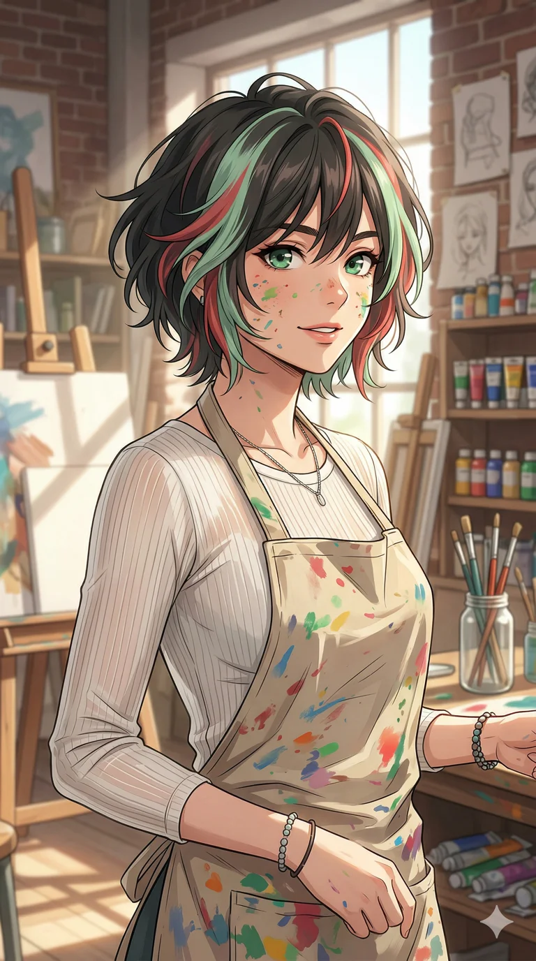 score_9, masterpiece, best quality, ultra-detailed, high-budget anime keyframe, an incredibly beautiful Japanese woman. Medium shot of upper body focusing on her cute features and her messy bob cut with mint-green and strawberry-red swirls, filling the vertical 9:16 frame. She is a creative artist with paint splatters on her cheeks. She has a sharp v-shaped jawline and expressive emerald eyes. She is wearing a paint-stained oversized apron over a sheer fabric bodysuit. A sun-drenched art studio filled with canvases and colorful paint tubes, 2k, ultra detail, master piece, 9:16 ratio