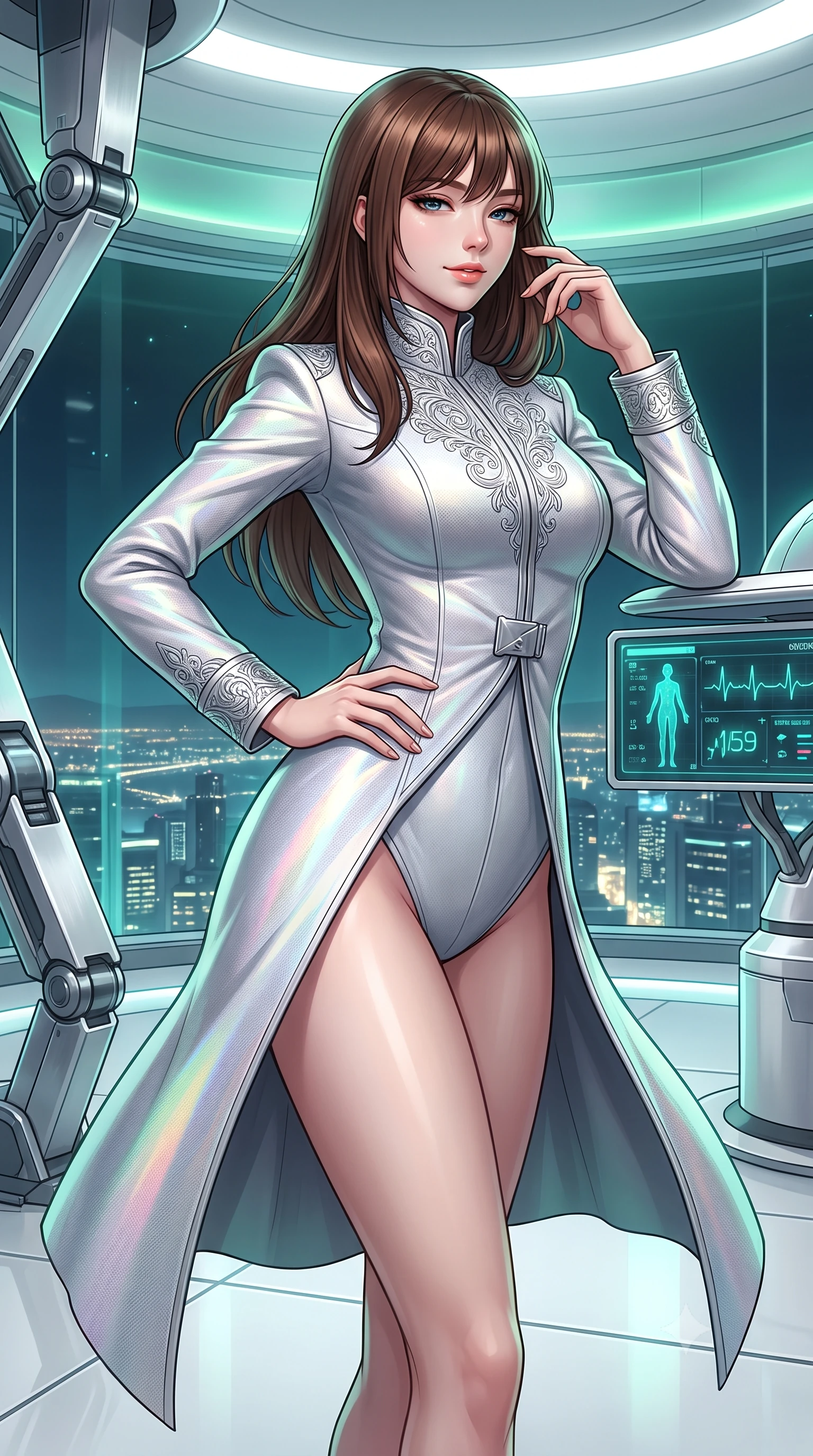 score_9, masterpiece, best quality, ultra-detailed, high-budget anime keyframe, semi-realistic 3D game render, editorial fashion photography, tasteful artistic composition, Korean woman. close-up cowboy shot from the waist and thighs up, the character dominates the composition, filling the frame with her large presence. twisting her slender torso in an alluring contrapposto stance, one hand resting on her sculpted hip while her fingers toy with her hair with effortless poise while leaning against the curved examination pod with hips cocked back, gazing through the panoramic smart-tint glass at the glowing city below with heavy-lidded bedroom-eyes. The surrounding environment is rendered in vivid detail and crisp panoramic clarity: sharp brushed chrome robotic joint textures, flawless white resin floor reflections, and crisp diagnostic vitals readouts in deep focus. She has an exceptionally elegant, slender, and willowy female figure with an ultra-slim waist, flat toned midriff, narrow ribcage, and sculpted feminine hips creating an alluring, slim hourglass silhouette without bulk. sharp v-shaped jawline, high-bridge nose, intricate jewel-like sparkling eyes with depth, thick eyelashes, glossy parted lips with a natural peach sheen, bright cheerful beaming smile with an enchanting and coquettish sensual glint, exuding both youthful cute charm and seductive allure, flawlessly proportioned anatomical accuracy, strict slender model proportions, natural body alignment, perfectly sculpted long slender limbs, ultra-slim waistline, clean dynamic posture without body distortion. wearing an aristocratic deep-space admiral longcoat with silver filigree embroidery along the hem and high structured collar in solar-sail rainbow diffraction and titanium white, tailored from high-density tech-wool with subtle metallic thread weave, finished with sleek magnetic buckle closures fluttering in the breeze, the bespoke structured tailoring following the natural line of her 8.5-heads silhouette with refined elegance. bathed in pristine 6000K clinical white light combined with soft emerald holographic ambient glow. highly saturated vibrant anime colors, detailed shading with soft gradients, rich glossy textures, high-contrast stereoscopic depth, volumetric dynamic lighting, master piece, 9:16 ratio