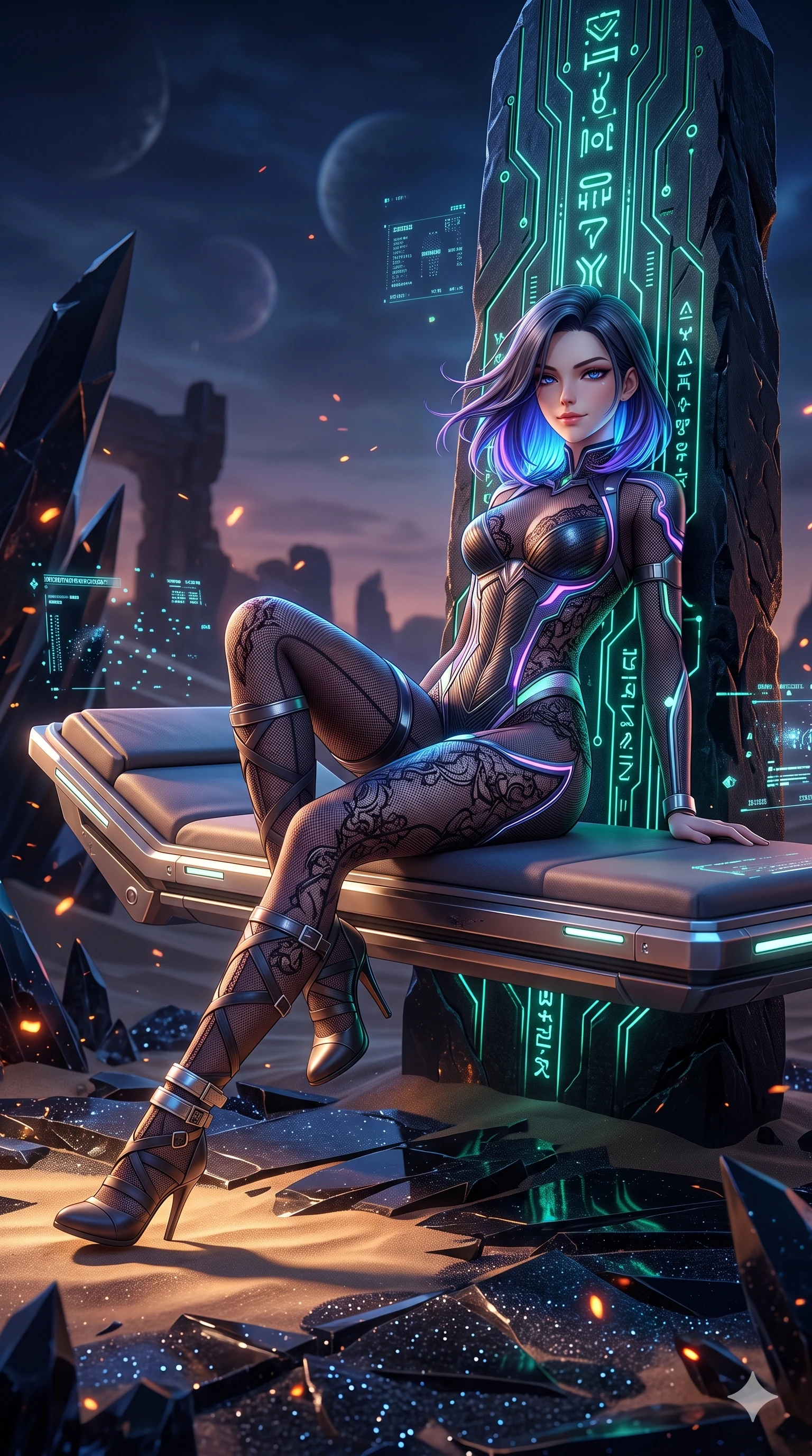 score_9, masterpiece, best quality, ultra-detailed, high-budget anime keyframe, semi-realistic 3D game render, editorial fashion photography, tasteful artistic composition, Caucasian woman. low angle full-body shot from head to toe showing her feet, filling the entire 9:16 vertical frame with her statuesque presence, stretching her vertical silhouette. reclining gracefully across the anti-gravity daybed with one leg extended, her sculpted silhouette and flat midriff radiating magnetic futuristic glamour while leaning against an ancient carved obsidian stela with hips cocked back, gazing through floating holographic data particles with smoldering eyes. The surrounding environment is rendered in vivid detail and crisp panoramic clarity: sharp razor-edged obsidian fracture planes, micro-etched luminescent circuit channels, and crystalline sand grains in deep focus. She has an absolutely perfect, statuesque 8.5-heads proportion, an exceptionally tall and slender model-like female figure with impossibly long slender legs, an ultra-slim waist, a flat toned midriff, narrow delicate ribcage, and beautifully sculpted feminine hips creating a graceful, slim hourglass silhouette without any bulky heaviness. sharp v-shaped jawline, high-bridge nose, intricate jewel-like sparkling eyes with depth, thick eyelashes, glossy parted lips with a natural sheen, bright confident smile with an enchanting and coquettish sensual glint, exuding both youthful magnetic charm and sovereign high-tech allure, flawlessly proportioned anatomical accuracy, strict slender model proportions, natural body alignment, perfectly sculpted long slender limbs, ultra-slim waistline, clean dynamic posture without body distortion. wearing a form-contouring semi-opaque dark mesh catsuit with carbon-plated cups and fine lace-pattern panels across her torso in phosphorescent ultraviolet amethyst and mint green, made of delicate semi-sheer French Chantilly lace with intricate eyelash edges, complemented by strappy stiletto combat boots with metallic ankle wraps accentuating her slender calves, the form-fitting tactical tailoring adhering flawlessly to her sculpted flat midriff and slender torso, emphasizing her long leg lines and perfectly proportioned willowy build. illuminated by sand surface bounce and sharp sapphire-cyan rim lights sculpting her razor-sharp jawline, narrow waist, and curvy hips. highly saturated vibrant anime colors, detailed shading with soft gradients, rich glossy textures, high-contrast stereoscopic depth, volumetric dynamic lighting, master piece, 9:16 ratio
