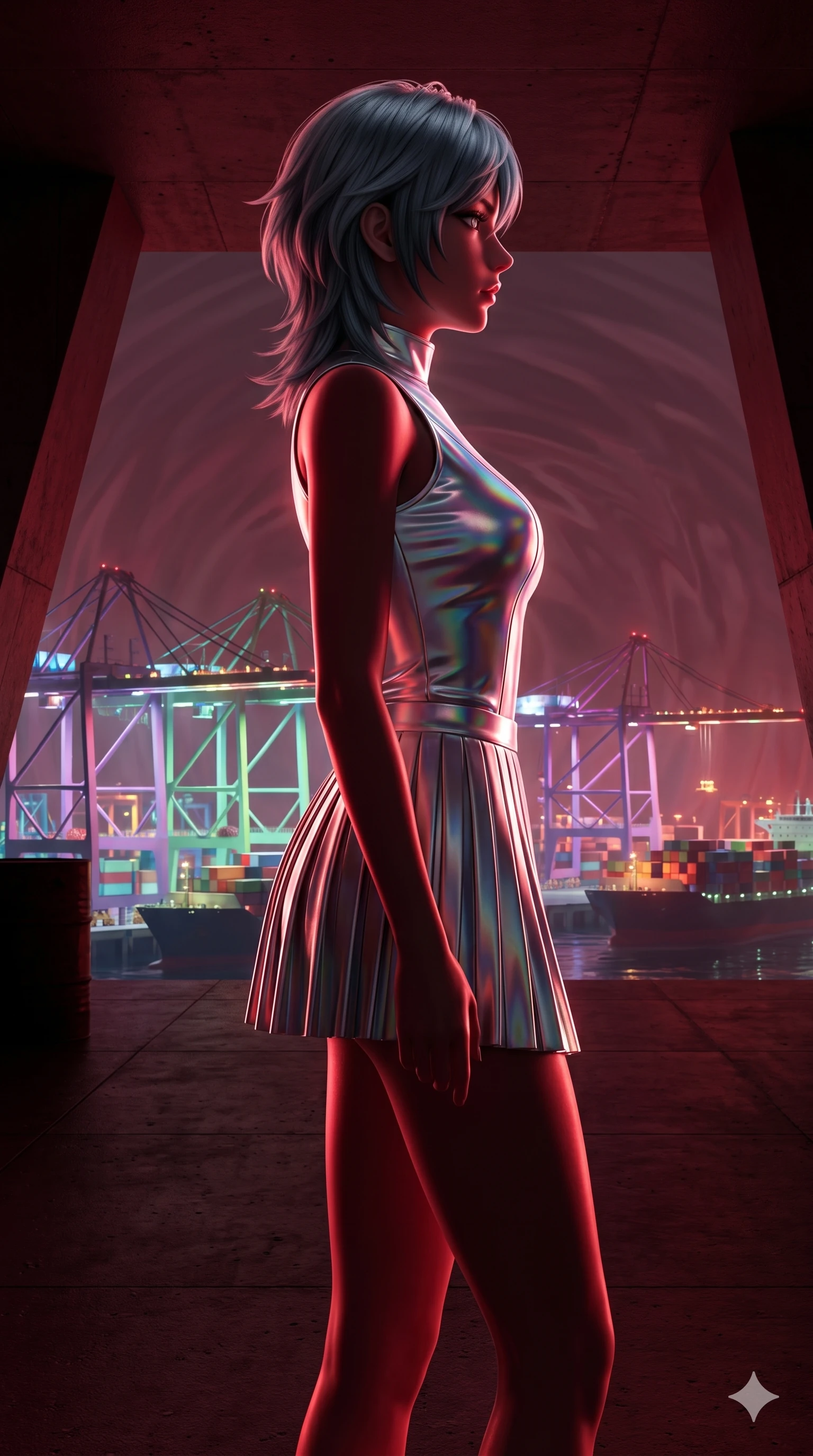 score_9, masterpiece, best quality, ultra-detailed, high-budget anime keyframe, editorial fashion photography, tasteful artistic composition, Caucasian woman, strictly human ears. cowboy shot from the thighs up, character and outfit filling the frame for maximum editorial presence. Turning her face in a sharp, dramatic profile against the light, highlighting her v-shaped jawline on a concrete platform overlooking a futuristic harbor with glowing cargo cranes, as gravity waves create subtle ripples in the atmospheric background. She has an absolutely perfect 8-heads proportion, an exceptionally tall and slender female figure with impossibly long slender legs and an ultra-slim waist. V-shaped jawline, high-bridge nose, intricate jewel-like eyes with depth, thick eyelashes, glossy lips with a natural sheen. wearing a high-neck structured top in holographic silver paired with a matching metallic micro-pleated skirt. drenched in deep crimson theatrical lighting with sharp specular highlights on every curve. 2k, ultra detail, master piece, 9:16 ratio
