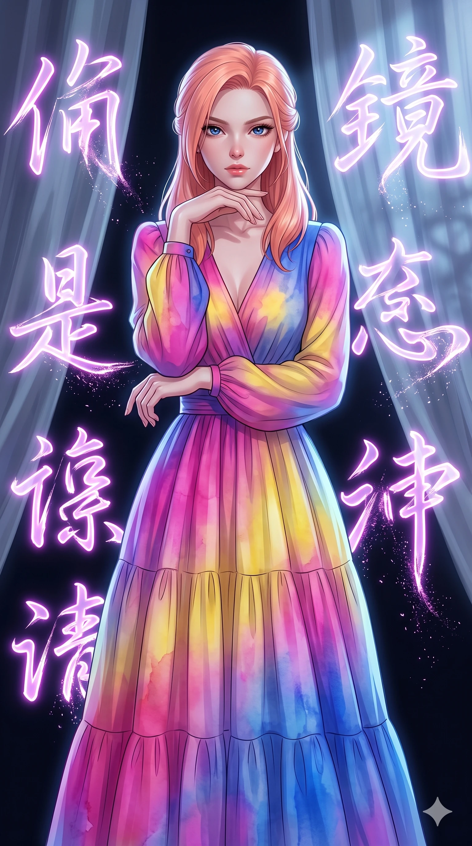 score_9, masterpiece, best quality, ultra-detailed, high-budget anime keyframe, editorial fashion photography, tasteful artistic composition, Japanese woman. close-up cowboy shot from the waist and thighs up, the character dominates the composition, filling the frame with her large presence, background elements kept in soft focus. Resting her chin on the backs of her fingers in a confident pose. set against a soft-focus background of a vast dark space where massive neon-lit brushstrokes of East Asian calligraphy characters float and pulse with energy each stroke trailing luminous ink particles that dissolve into the void. She has an exceptionally elegant and slender, willowy female figure with an ultra-slim waist, a gracefully sculpted slender torso, and a refined slim physique. sharp v-shaped jawline, high-bridge nose, intricate jewel-like eyes with depth, thick eyelashes, glossy lips with a natural sheen. wearing a flowing tiered maxi dress in a vibrant watercolor gradient of magenta, sunshine yellow, and cobalt blue, featuring long blouson sleeves. cold silver moonlight filtered through translucent gossamer curtains casting delicate shadows. 2k, ultra detail, master piece, 9:16 ratio