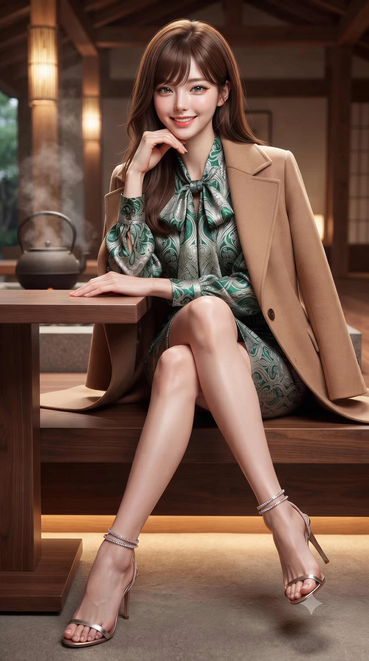 score_9, masterpiece, best quality, ultra-detailed, high-budget anime keyframe, editorial fashion photography, tasteful artistic composition, Korean woman. close-up cowboy shot from the waist and thighs up, the character dominates the composition, filling the frame with her large presence. resting one elbow on the table and supporting her chin, leaning close to the camera with heavy-lidded sparkling eyes and parted lips while sitting gracefully on the low walnut bench with legs crossed, running one manicured hand slowly down her collarbone with magnetic poise. The background shows a soft-focus gentle steam rising from a cast-iron tetsubin kettle softened in contemporary Japanese architectural haven shallow focus. She has an exceptionally elegant, slender, and willowy female figure with an ultra-slim waist, flat toned midriff, narrow ribcage, and sculpted feminine hips creating an alluring, slim hourglass silhouette without bulk. sharp v-shaped jawline, high-bridge nose, intricate jewel-like sparkling eyes with depth, thick eyelashes, glossy parted lips with a natural peach sheen, bright cheerful beaming smile with an enchanting and coquettish sensual glint, exuding both youthful cute charm and seductive allure, flawlessly proportioned anatomical accuracy, strict slender model proportions, natural body alignment, perfectly sculpted long slender limbs, ultra-slim waistline, clean dynamic posture without body distortion. wearing a tailored double-faced camel cashmere wrap coat draped over a silk georgette bow-tie blouse and pencil skirt in Art Nouveau malachite green and antique starlight silver, crafted from bespoke double-faced cashmere with an exceptionally soft tactile finish, complemented by strappy stiletto sandals with crystal ankle wraps accentuating her slender calves, the bespoke structured tailoring following the natural line of her 8.5-heads silhouette with refined elegance. bathed in the warm 2700K indirect cove illumination concealed beneath floating cedar steps and bamboo uplights. ultra-reflective glossy finish, specular highlights, rich textural contrasts, high-contrast stereoscopic depth, volumetric dynamic lighting, 2k, ultra detail, master piece, 9:16 ratio