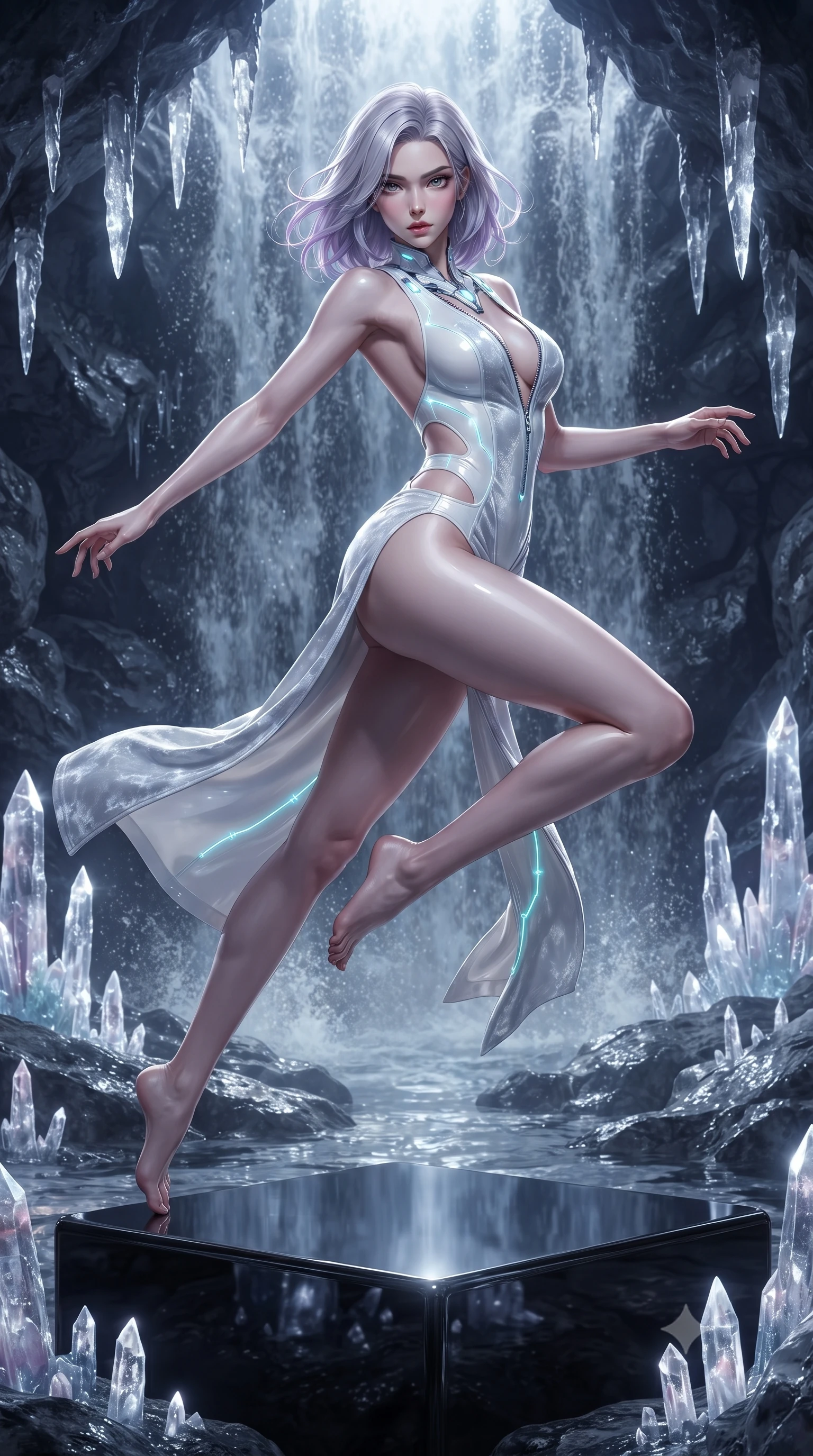 score_9, masterpiece, best quality, ultra-detailed, high-budget anime keyframe, editorial fashion photography, tasteful artistic composition, Caucasian woman. low angle full-body shot from head to toe showing her feet, filling the entire 9:16 vertical frame with her statuesque presence, stretching her vertical silhouette. leaping through mid-air with an athletic yet alluring arch of her spine, her impossibly long slender legs stretched in flawless poise while pivoting dynamically on a polished obsidian pedestal surrounded by glowing crystal stalactites. The surrounding environment is rendered in vivid detail and crisp panoramic clarity. intricate waterfall spray textures, wet stone reflections, and glowing crystal stalagmites in crisp clarity. She has an absolutely perfect, statuesque 8.5-heads proportion, an exceptionally tall and slender model-like female figure with impossibly long slender legs and an ultra-slim waist. sharp v-shaped jawline, high-bridge nose, intricate jewel-like eyes with depth, thick eyelashes, glossy lips with a natural sheen, flawlessly proportioned anatomical accuracy, natural body alignment, perfectly sculpted elegant limbs, clean dynamic posture without body distortion. wearing a backless crushed velvet gown with a deep V-neckline, strategic hip cutouts, and an ultra-high thigh slit in pure snow white latex and glowing cyan circuit seams, crafted from ultra-reflective second-skin latex with a glass-like polish, featuring a dangerously unzipped neckline framed by glowing cybernetic accents, the glove-like fit tightly following every curve of her statuesque athletic build. illuminated by crisp white specular highlights and deep indigo ambient shadow. ultra-reflective glossy finish, specular highlights, metallic sheen, high-contrast stereoscopic depth, volumetric dynamic lighting, 2k, ultra detail, master piece, 9:16 ratio