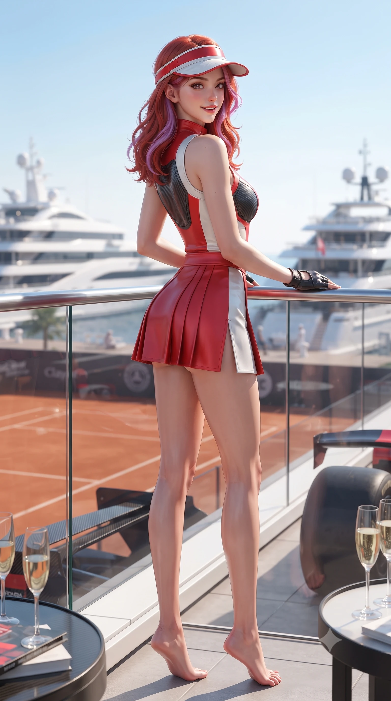 score_9, masterpiece, best quality, ultra-detailed, high-budget anime keyframe, editorial fashion photography, tasteful artistic composition, Caucasian woman. low angle full-body shot from head to toe showing her feet, filling the entire 9:16 vertical frame with her statuesque presence, stretching her vertical silhouette. walking slowly along the clay court baseline, looking back over her shoulder with an air of effortless grace and an alluring, smoldering smile while standing poised beside the trackside glass balustrade with hips cocked back, looking over a bare shoulder toward the roaring pit straight and glittering superyachts. The surrounding environment is rendered in vivid detail and crisp panoramic clarity: sharp carbon-fiber hypercar wing weave, tire tread grooves, and champagne glass crystal clarity in deep focus. She has an absolutely perfect, statuesque 8.5-heads proportion, an exceptionally tall and slender model-like female figure with impossibly long slender legs, an ultra-slim waist, a flat toned midriff, narrow delicate ribcage, and beautifully sculpted feminine hips creating a graceful, slim hourglass silhouette without any bulky heaviness. sharp v-shaped jawline, high-bridge nose, sparkling eyes with athletic focus and depth, thick curled eyelashes, glossy parted lips with a natural coral-peach sheen, bright confident and coquettish smile with alluring bedroom-eyes, exuding both youthful sporty vigor and sovereign high-society glamour, flawlessly proportioned anatomical accuracy, strict slender model proportions, natural body alignment, perfectly sculpted long slender limbs, ultra-slim waistline, clean dynamic posture without body distortion. wearing a sleeveless high-collar racing bodysuit with carbon-fiber chestplate accents and a pleated wrap tennis skirt with side hip slit in Scuderia racing red and pure alabaster white, crafted from supple buttery lambskin racing leather with a satin sheen, accented with a sporty retro tennis visor and fingerless leather driving gloves, the glove-like aerodynamic silhouette tightly following the natural contour of her hips and long slender legs with youthful 8.5-heads elegance. illuminated by car bonnet specular bounce and sharp platinum rim lights sculpting her razor-sharp jawline, narrow waist, and curvy hips. ultra-reflective glossy finish, specular highlights, rich textural contrasts, high-contrast stereoscopic depth, volumetric dynamic lighting, 2k, ultra detail, master piece, 9:16 ratio