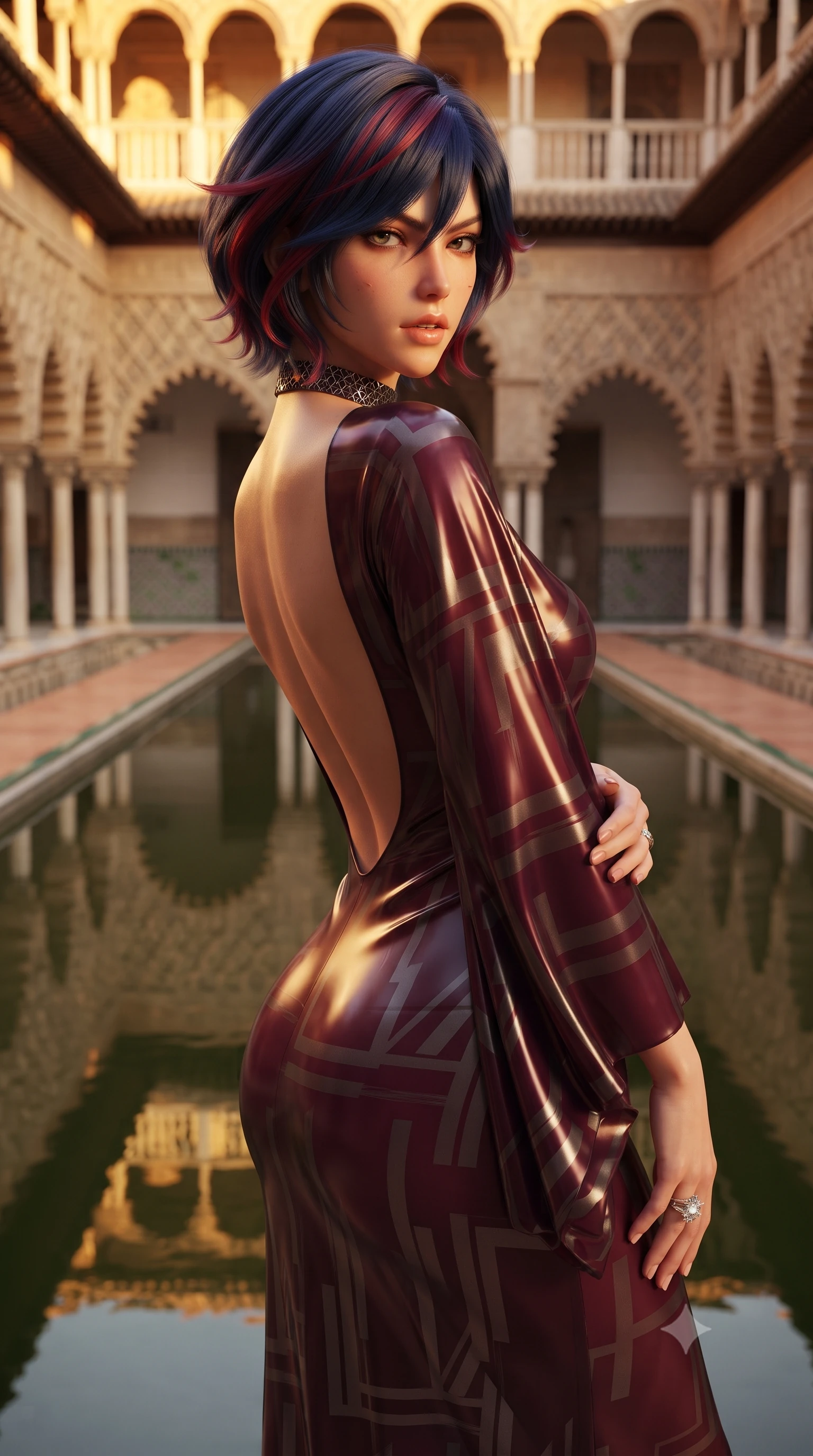 score_9, masterpiece, best quality, ultra-detailed, high-budget anime keyframe, semi-realistic 3D game render, editorial fashion photography, tasteful artistic composition, Korean woman. close-up cowboy shot from the waist and thighs up, the character dominates the composition, filling the frame with her large presence. twisting her slender torso in a deep contrapposto stance, hips dramatically shifted to accentuate her feminine curves while looking past her shoulder with smoldering bedroom-eyes while standing at the edge of the long sunken reflecting pool, arching her lower back as multi-lobed Moorish plaster arches reflect in mirror-still water. The surrounding environment is rendered in vivid detail and crisp panoramic clarity. detailed silk dress drape, warm evening sun glints on skin, and Alcázar colonnade clarity in high resolution. She has an exceptionally elegant, slender, and willowy female figure with an ultra-slim waist, flat toned midriff, narrow ribcage, and sculpted feminine hips creating an alluring, slim hourglass silhouette without bulk. sharp v-shaped jawline, high-bridge nose, intricate jewel-like eyes with depth, thick eyelashes, glossy parted lips with a natural sheen, intensely captivating and seductive bedroom-eyes expression, flawlessly proportioned anatomical accuracy, strict slender model proportions, natural body alignment, perfectly sculpted long slender limbs, ultra-slim waistline, clean dynamic posture without body distortion. wearing a delicate semi-translucent silk yukata that clings to her wet skin and curvy hip contours in deep wine burgundy and brushed dark platinum, tailored from second-skin aerodynamic stretch vinyl with specular wet sheen, complemented by a bold geometric choker and sparkling cocktail ring, the dramatically scooped open back descending to the base of her spine, accentuating her razor-sharp statuesque lines and slim hourglass silhouette. bathed in rich golden hour Andalusian sunset backlighting and warm terracotta wall bounce fill. highly saturated vibrant anime colors, detailed shading with soft gradients, rich glossy textures, high-contrast stereoscopic depth, volumetric dynamic lighting, master piece, 9:16 ratio