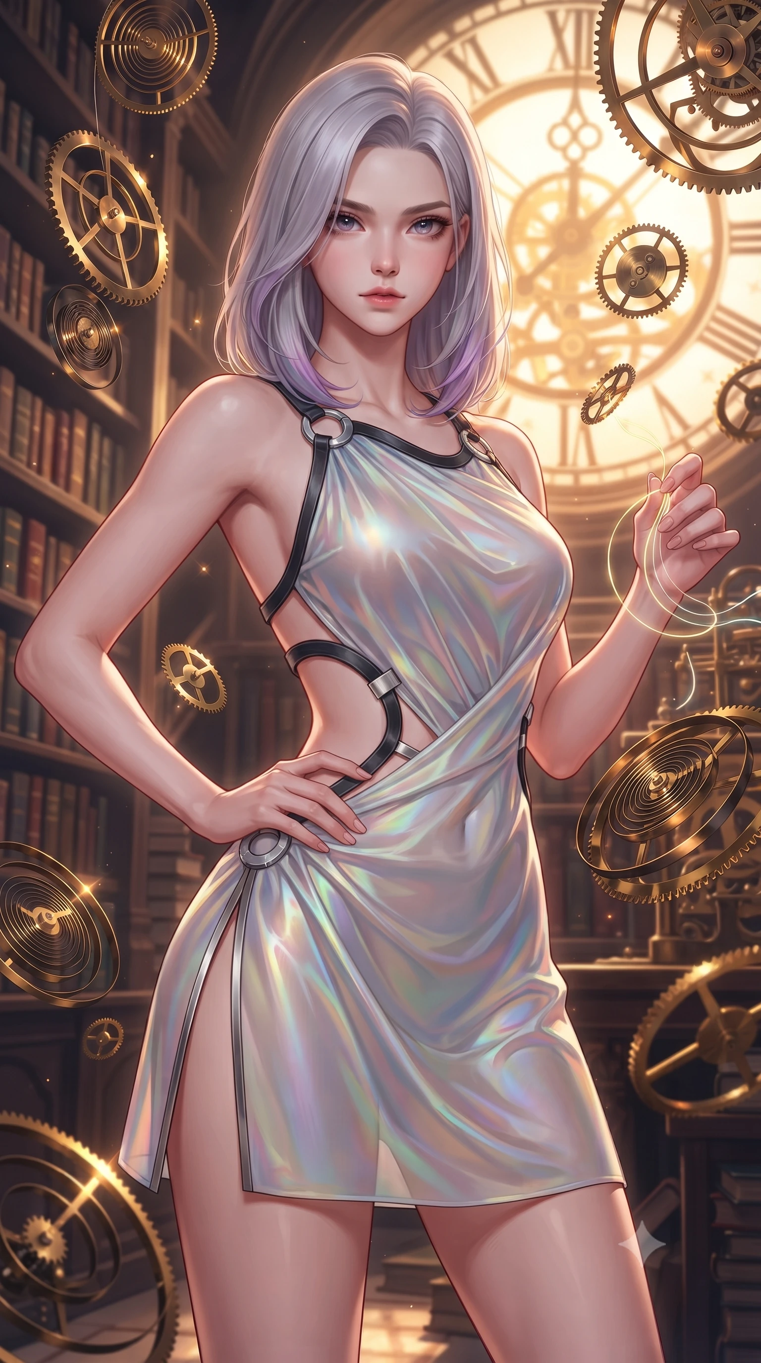 score_9, masterpiece, best quality, ultra-detailed, high-budget anime keyframe, editorial fashion photography, tasteful artistic composition, Caucasian woman. close-up cowboy shot from the waist and thighs up, the character dominates the composition, filling the frame with her large presence, background elements kept in soft focus. Holding a confident power pose with one hand on her hip, gazing directly into the camera with quiet intensity threading glowing clockwork spring wires inside a majestic archives hall, floating brass gears and clocksprings casting intricate metallic reflections. She has an exceptionally elegant, slender, and willowy female figure with an ultra-slim waist, a gracefully sculpted slender torso, and a refined silhouette. sharp v-shaped jawline, high-bridge nose, intricate jewel-like eyes with depth, thick eyelashes, glossy lips with a natural sheen. wearing a dramatic open-waist cutout mini dress framed by sculptural hardware in matte black and polished silver, crafted from iridescent chiffon that shifts colors in the light, finished with a sleek side slit ascending to mid-thigh, the elegant draped fit framing her graceful clavicle and slender torso. illuminated by a brilliant golden hour glow filtering through clockwork dials. highly saturated vibrant anime colors, detailed shading with soft gradients, rich glossy textures, high-contrast stereoscopic depth, volumetric dynamic lighting, master piece, 9:16 ratio