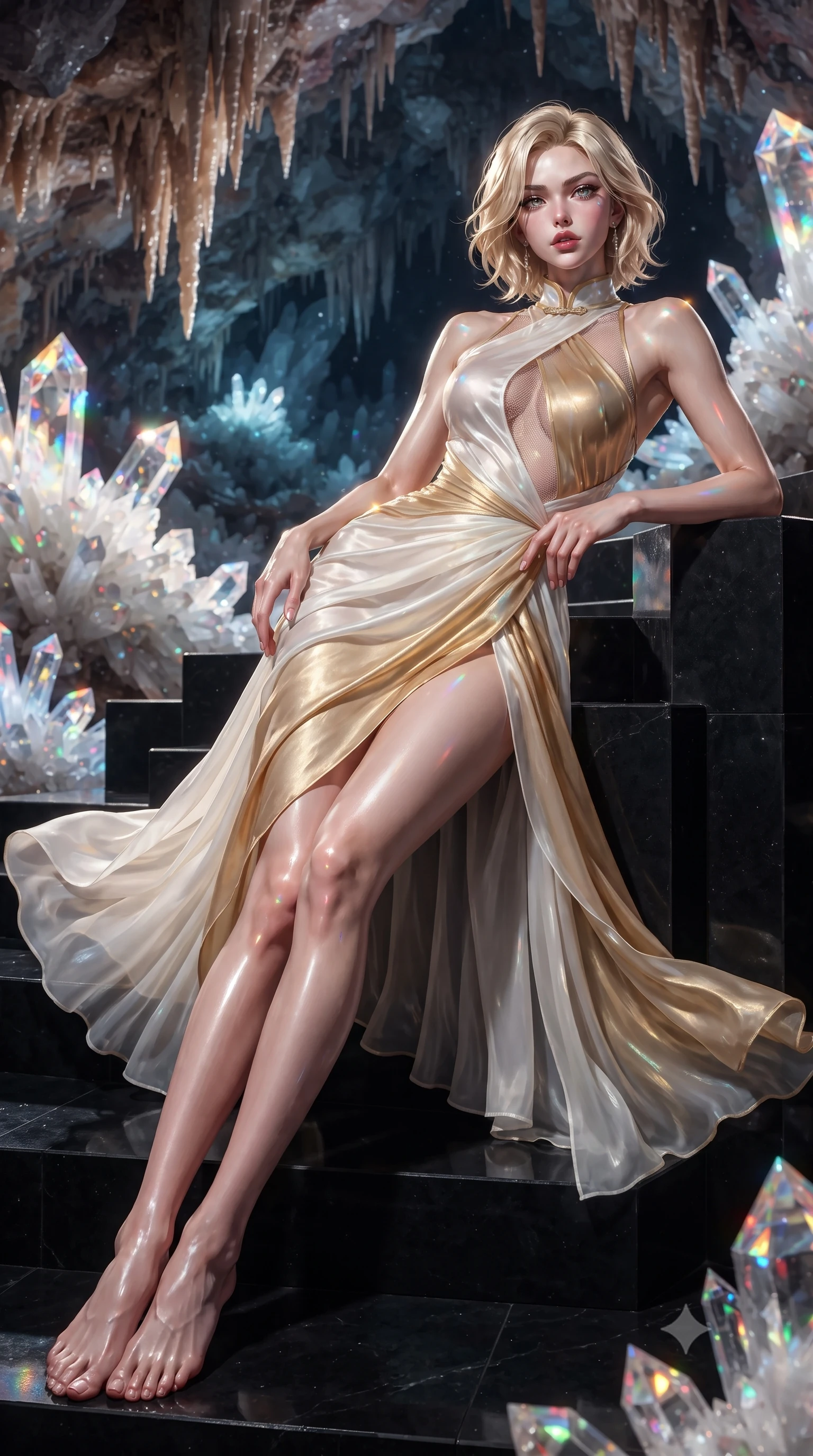 score_9, masterpiece, best quality, ultra-detailed, high-budget anime keyframe, editorial fashion photography, tasteful artistic composition, Caucasian woman. low angle full-body shot from head to toe showing her feet, filling the entire 9:16 vertical frame with her statuesque presence, stretching her vertical silhouette. leaning deep against the structural architecture with hips cocked in an unapologetically bold, seductive high-fashion stance while reclining across a black basalt viewing platform propped on one elbow, her slender waist and feminine curves sculpted by shimmering crystal refractions. The surrounding environment is rendered in vivid detail and crisp panoramic clarity. detailed liquid-tight fabric sheen, crystal specular reflections on skin, and underground cave clarity in high resolution. She has an exceptionally tall and slender model-like 8.5-heads proportion, an ultra-slim waist, a flat toned midriff, narrow delicate ribcage, and beautifully sculpted feminine hips creating a graceful, slim hourglass silhouette without any bulky heaviness, with impossibly long slender legs. sharp v-shaped jawline, high-bridge nose, intricate jewel-like eyes with depth, thick eyelashes, glossy parted lips with a natural sheen, intensely captivating and seductive bedroom-eyes expression, flawlessly proportioned anatomical accuracy, strict slender model proportions, natural body alignment, perfectly sculpted long slender limbs, ultra-slim waistline, clean dynamic posture without body distortion. wearing a wet-look silk fusion wrap dress with asymmetrical sheer mesh cutouts and high Mandarin collar in pure alabaster white and sun-kissed gold, woven from layered gossamer chiffon with a weightless sweeping drape, finished with criss-cross back satin straps highlighting her graceful shoulder blades, the second-skin form-contouring cut accentuating her sculpted flat midriff, narrow delicate ribcage, and gracefully curvy hips with supermodel precision. illuminated by dazzling crystal facet reflections sharply defining her sculpted collarbones, ultra-slim waist, and curvy hips. ultra-reflective glossy finish, specular highlights, rich textural contrasts, high-contrast stereoscopic depth, volumetric dynamic lighting, 2k, ultra detail, master piece, 9:16 ratio