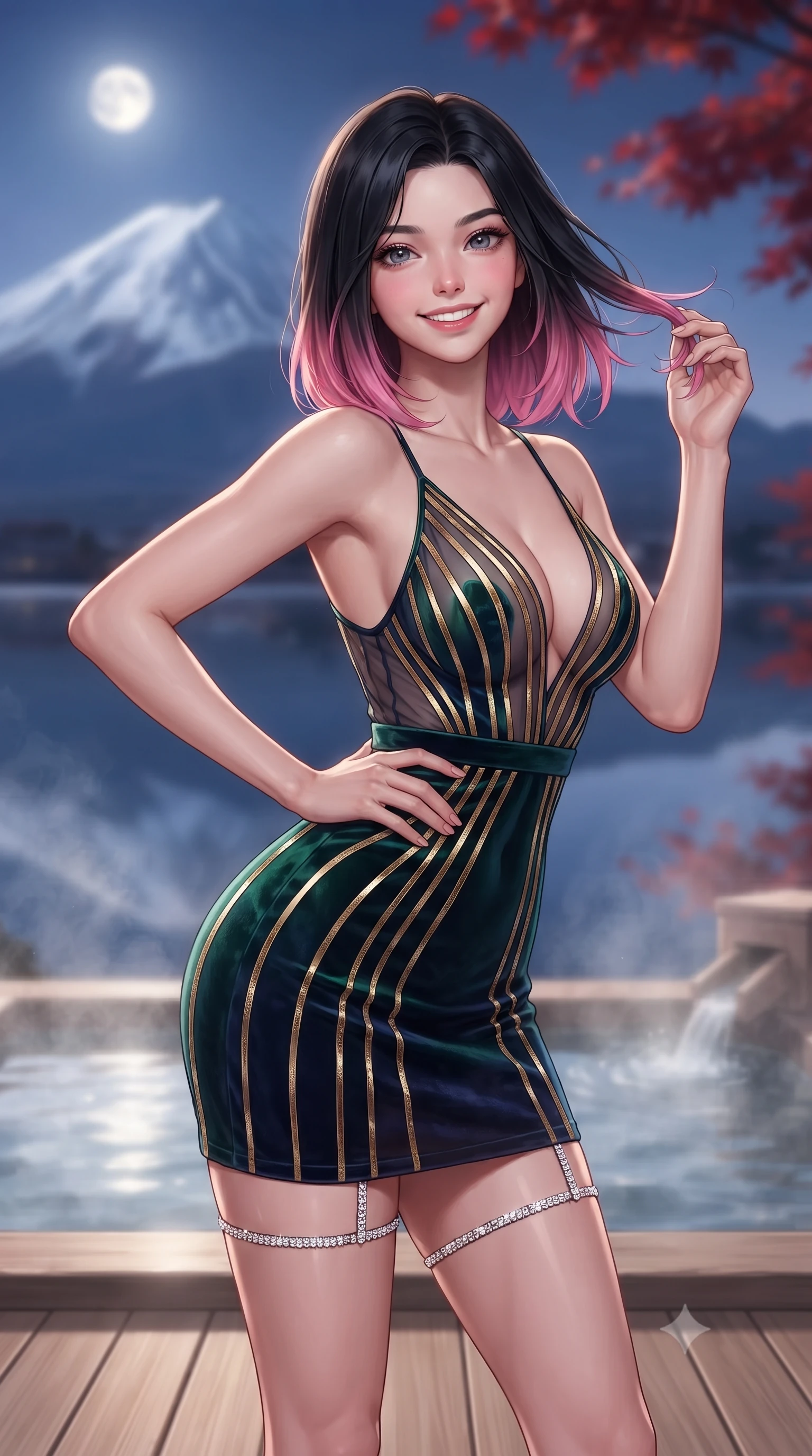 score_9, masterpiece, best quality, ultra-detailed, high-budget anime keyframe, editorial fashion photography, tasteful artistic composition, Korean woman. close-up cowboy shot from the waist and thighs up, the character dominates the composition, filling the frame with her large presence. twisting her slender torso in an alluring contrapposto stance, one hand resting on her sculpted hip while her fingers toy with her hair with effortless poise while standing poised on the natural hinoki cypress deck beside the steaming open-air hot spring bath, arching her spine with wet-look siren grace as snow-capped Mount Fuji mirrors in the calm lake. The background shows a soft-focus majestic symmetrical silhouette of snow-capped Mount Fuji illuminated under the twilight moon, mirror lake reflections, and red autumn maples blurred into indigo, snow-white, and crimson bokeh. She has an exceptionally elegant, slender, and willowy female figure with an ultra-slim waist, flat toned midriff, narrow ribcage, and sculpted feminine hips creating an alluring, slim hourglass silhouette without bulk. sharp v-shaped jawline, high-bridge nose, intricate jewel-like sparkling eyes with depth, thick eyelashes, glossy parted lips with a natural peach sheen, bright cheerful beaming smile with an enchanting and coquettish sensual glint, exuding both youthful cute charm and seductive allure, flawlessly proportioned anatomical accuracy, strict slender model proportions, natural body alignment, perfectly sculpted long slender limbs, ultra-slim waistline, clean dynamic posture without body distortion. wearing a plunge-front sheer illusion tulle slip dress with liquid gold ribbon stripes hugging her curves in Lake Tegernsee emerald glass and royal Bavarian navy, tailored from ultra-plush silk velvet with rich tactile depth and deep shadow gradients, finished with delicate crystal-encrusted thigh garter straps glinting in the dim light, the glove-like clinging cut tightly following the natural contour of her hips and long slender legs with youthful 8.5-heads elegance. illuminated by onsen water reflection bounce and sharp platinum-gold rim lights sculpting her razor-sharp jawline, narrow waist, and curvy hips. ultra-reflective glossy finish, specular highlights, rich textural contrasts, high-contrast stereoscopic depth, volumetric dynamic lighting, 2k, ultra detail, master piece, 9:16 ratio