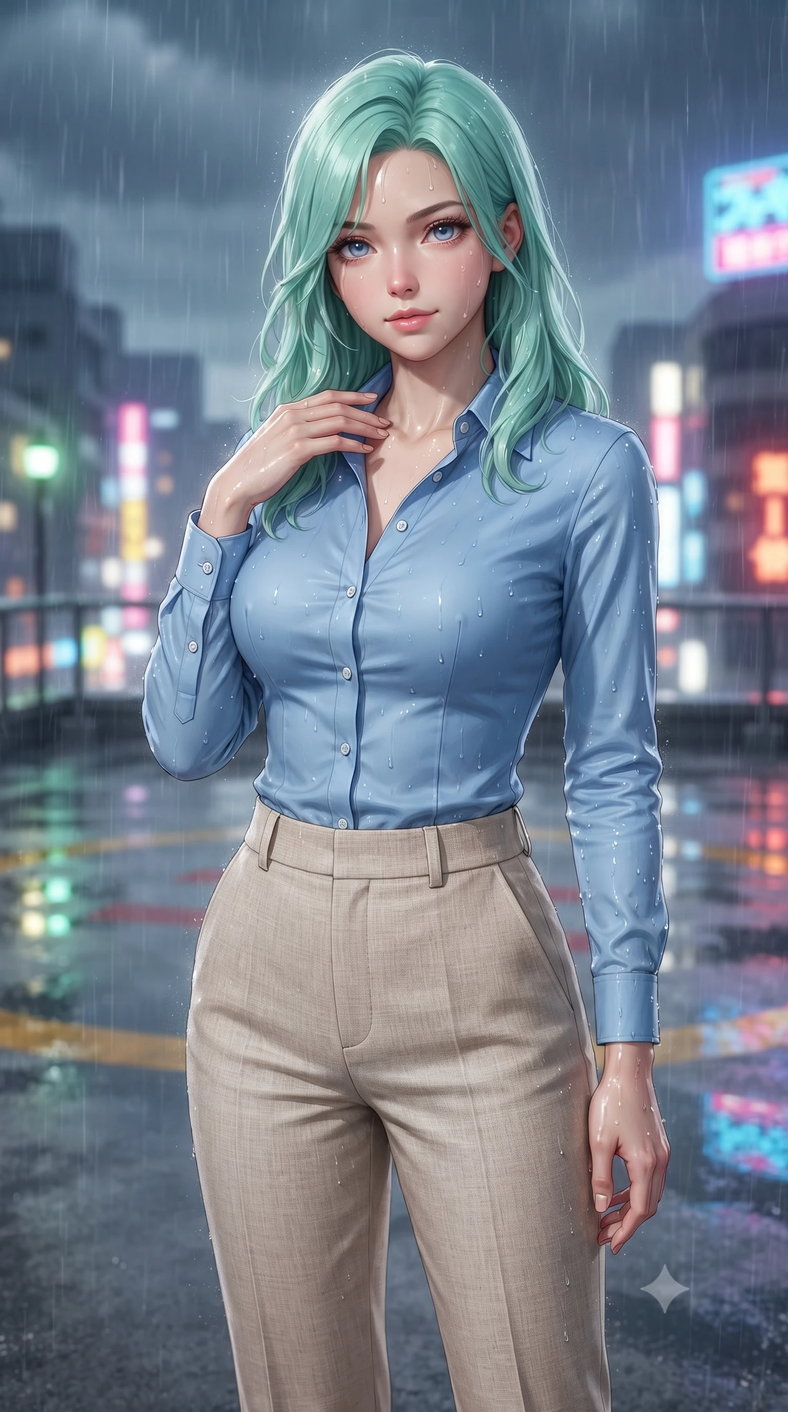 score_9, masterpiece, best quality, ultra-detailed, high-budget anime keyframe, editorial fashion photography, tasteful artistic composition, Japanese woman. close-up cowboy shot from the waist and thighs up, the character dominates the composition, filling the frame with her large presence, background elements kept in soft focus. standing with one hand resting on her collarbone, looking at the viewer with bedroom-eyes the background shows a soft-focus a rooftop helipad circle during a heavy thunderstorm with wet concrete. She has an exceptionally elegant, slender, and willowy female figure with an ultra-slim waist, a gracefully sculpted slender torso, and a refined silhouette. sharp v-shaped jawline, high-bridge nose, intricate jewel-like eyes with depth, thick eyelashes, glossy lips with a natural sheen. wearing a body-hugging tailored sky blue button-down shirt tucked into high-waisted beige linen trousers. vibrant streetlights and neon signs reflecting off the wet asphalt surface. ultra-reflective glossy finish, specular highlights, metallic sheen, high-contrast stereoscopic depth, volumetric dynamic lighting, 2k, ultra detail, master piece, 9:16 ratio