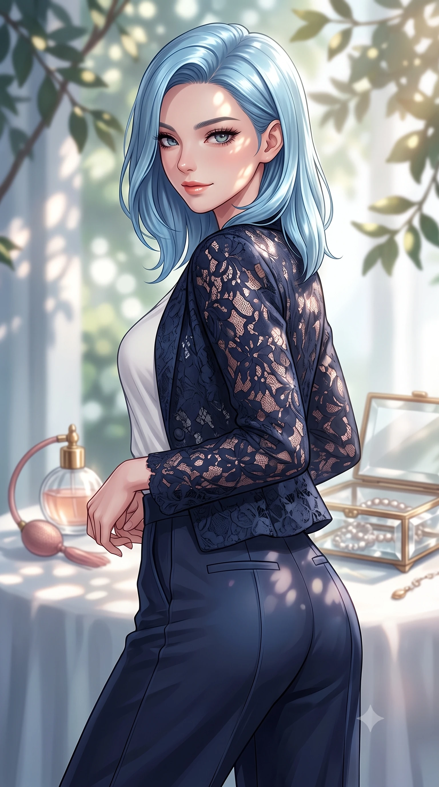 score_9, masterpiece, best quality, ultra-detailed, high-budget anime keyframe, editorial fashion photography, tasteful artistic composition, Korean woman. close-up cowboy shot from the waist and thighs up, the character dominates the composition, filling the frame with her large presence, background elements kept in soft focus. glancing sidelong over her shoulder with an intoxicating, lingering stare and a subtle, knowing smile set against a soft-focus background of inside an exclusive coastal veranda with a vintage perfume atomizer and crystal jewelry box reflecting soft light. She has an exceptionally elegant, slender, and willowy female figure with an ultra-slim waist, a gracefully sculpted slender torso, and a refined silhouette. sharp v-shaped jawline, high-bridge nose, intricate jewel-like eyes with depth, thick eyelashes, glossy lips with a natural sheen. wearing tailored midnight navy delicate lace tailored casual blazer paired with a loose tee and wide-leg trousers featuring refined tailored seams. highlighted by dappled sunlight filtering through leafy branches, creating soft organic patterns. highly saturated vibrant anime colors, detailed shading with soft gradients, rich glossy textures, high-contrast stereoscopic depth, volumetric dynamic lighting, master piece, 9:16 ratio