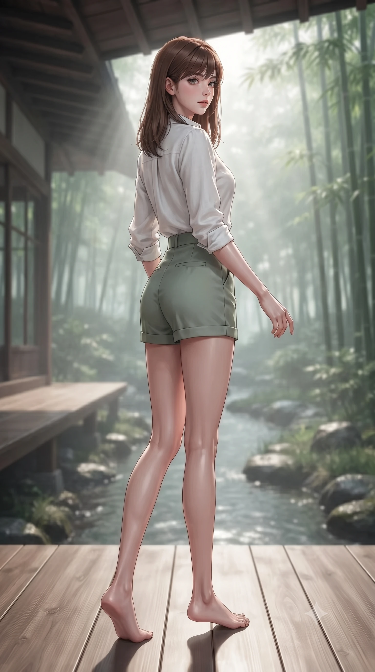 score_9, masterpiece, best quality, ultra-detailed, high-budget anime keyframe, editorial fashion photography, tasteful artistic composition, Korean woman woman. low angle full-body shot from head to toe showing her feet, filling the entire 9:16 vertical frame with her statuesque presence, stretching her vertical silhouette. stepping gracefully while looking back over her shoulder, her dress draped tightly to reveal her silhouette the background shows a soft-focus a wooden deck of a traditional Japanese inn overlooking a quiet stream and bamboo grove. She has an absolutely perfect, statuesque 8.5-heads proportion, an exceptionally tall and slender model-like female figure with impossibly long slender legs and an ultra-slim waist. sharp v-shaped jawline, high-bridge nose, intricate jewel-like eyes with depth, thick eyelashes, glossy lips with a natural sheen. wearing a body-hugging comfortable linen button-down shirt in white, tucked into high-waisted sage green shorts. soft morning mist diffusing the sunlight, creating a tranquil atmosphere. ultra-reflective glossy finish, specular highlights, metallic sheen, high-contrast stereoscopic depth, volumetric dynamic lighting, 2k, ultra detail, master piece, 9:16 ratio