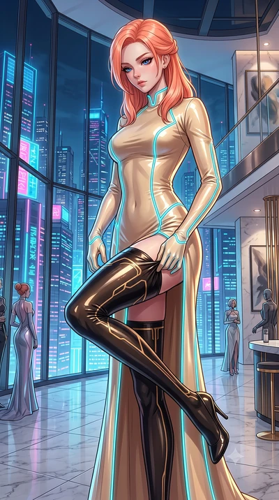score_9, masterpiece, best quality, ultra-detailed, High-budget Anime Keyframe, East Asian woman. Low angle cowboy shot filling the entire 9:16 frame with her statuesque presence. Scenario 404: adjusting her thigh-high stocking near a luxury penthous