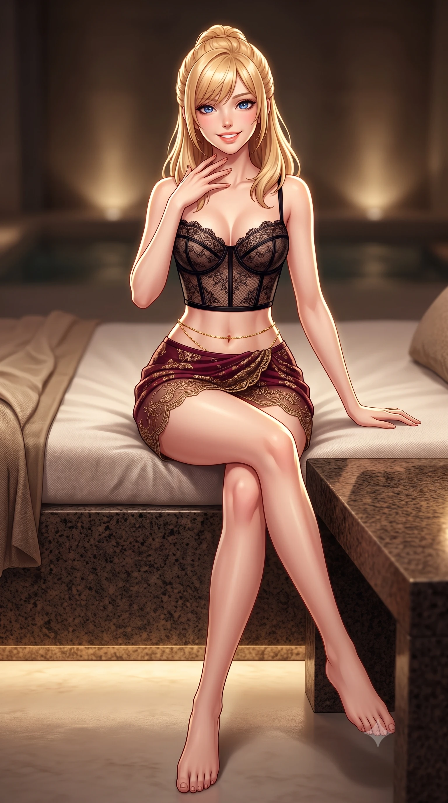 score_9, masterpiece, best quality, ultra-detailed, high-budget anime keyframe, semi-realistic 3D game render, editorial fashion photography, tasteful artistic composition, Caucasian woman. low angle full-body shot from head to toe showing her feet, filling the entire 9:16 vertical frame with her statuesque presence, stretching her vertical silhouette. lounging on the lavish daybed with legs crossed and hips angled toward the camera, displaying her toned midriff and long slender limbs with effortless siren poise while sitting gracefully on the warm granite bench with legs crossed, running one manicured hand slowly along her neck with magnetic allure. The background shows a soft-focus concealed floor downlights softened in Scandinavian minimalist spa shallow focus. She has an exceptionally tall and slender model-like 8.5-heads proportion, an ultra-slim waist, a flat toned midriff, narrow delicate ribcage, and beautifully sculpted feminine hips creating a graceful, slim hourglass silhouette without any bulky heaviness, with impossibly long slender legs. sharp v-shaped jawline, high-bridge nose, intricate jewel-like sparkling eyes with depth, thick eyelashes, glossy parted lips with a natural peach sheen, bright cheerful beaming smile with an enchanting and coquettish sensual glint, exuding both youthful cute charm and seductive allure, flawlessly proportioned anatomical accuracy, strict slender model proportions, natural body alignment, perfectly sculpted long slender limbs, ultra-slim waistline, clean dynamic posture without body distortion. wearing a sculpted underwire bustier in sheer noir lace with velvet piping paired with an ultra-short draped tulip skirt in French boudoir bordeaux wine and antique brass, made of delicate embroidered tulle lace with intricate floral motifs and soft transparency, accented with a dainty gold belly chain resting across her flat midriff and curving hips, the form-contouring silhouette accentuating her sculpted flat midriff, narrow delicate ribcage, and gracefully curvy hips with intoxicating allure. illuminated by still water mirror bounce and sharp platinum-gold rim lights sculpting her features, flat midriff, and slender waist. highly saturated vibrant anime colors, detailed shading with soft gradients, rich glossy textures, high-contrast stereoscopic depth, volumetric dynamic lighting, master piece, 9:16 ratio