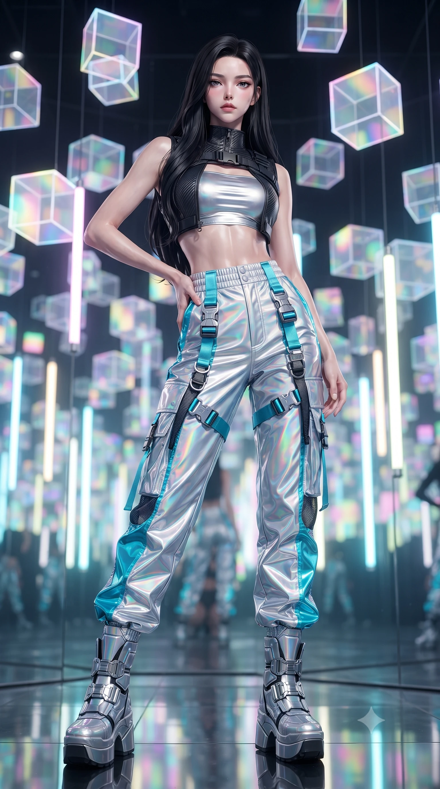 score_9, masterpiece, best quality, ultra-detailed, high-budget anime keyframe, editorial fashion photography, tasteful artistic composition, Korean woman. low angle full-body shot from head to toe showing her feet, filling the entire 9:16 vertical frame with her statuesque presence, stretching her vertical silhouette. standing poised with one hip cocked in an alluring high-fashion pose, her tall 8.5-heads proportions dominating the scene while posing inside an avant-garde digital art gallery surrounded by glowing translucent acrylic cubes and suspended LED tubes. The composition keeps background elements in soft focus with creamy bokeh. infinite mirrored room reflections and glowing vertical LED strips blurred into psychedelic rainbow and pastel neon bokeh. She has an absolutely perfect, statuesque 8.5-heads proportion, an exceptionally tall and slender model-like female figure with impossibly long slender legs, a toned flat midriff, and an ultra-slim waist. sharp v-shaped jawline, high-bridge nose, intricate jewel-like eyes with depth, thick eyelashes, glossy lips with a natural sheen, captivating and magnetic expression, flawlessly proportioned anatomical accuracy, strict slender model proportions, natural body alignment, perfectly sculpted long slender limbs, ultra-slim waistline, clean dynamic posture without body distortion. wearing a futuristic cropped tech-harness vest worn over a silver reflective tube top and high-rise metallic parachute cargo pants in holographic silver and electric cyan, crafted from high-gloss metallic ripstop nylon and flexible carbon mesh, detailed with heavy-duty chrome quick-release buckles and D-ring straps, the glove-like aerodynamic second-skin fit tightly clinging to her ultra-slender waist and athletic curves without adding bulk, accentuating her razor-sharp statuesque lines and slim hourglass silhouette. surrounded by a cutting-edge, avant-garde, and mesmerizingly stylish future-fashion muse aura. ultra-reflective glossy finish, specular highlights, rich textural contrasts, high-contrast stereoscopic depth, volumetric dynamic lighting, 2k, ultra detail, master piece, 9:16 ratio