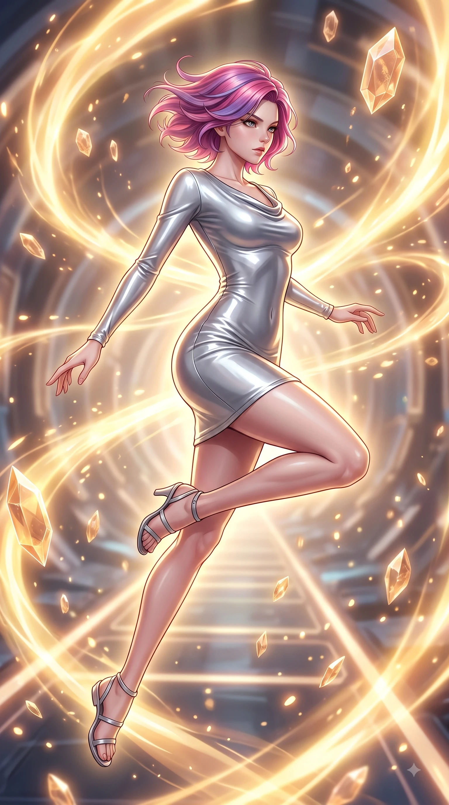 score_9, masterpiece, best quality, ultra-detailed, high-budget anime keyframe, editorial fashion photography, tasteful artistic composition, Caucasian woman woman. low angle full-body shot from head to toe showing her feet, filling the entire 9:16 vertical frame with her statuesque presence, stretching her vertical silhouette. She has an absolutely perfect, statuesque 8.5-heads proportion, an exceptionally tall and slender model-like female figure with impossibly long slender legs and an ultra-slim waist. leaping inside the glowing space with athletic poise, her hair swirling in a dynamic wind vortex, flawlessly proportioned anatomical accuracy, natural body alignment, perfectly sculpted elegant limbs, clean dynamic posture without body distortion. set against a soft-focus background of a temporal corridor with floating amber time crystals. wearing a sleek bodycon liquid silver jersey dress hugging every curve with a subtle cowl neckline. bathed in golden temporal energy flares casting dramatic volumetric rim lighting. highly saturated vibrant anime colors, detailed shading with soft gradients, rich glossy textures, high-contrast stereoscopic depth, volumetric dynamic lighting, master piece, 9:16 ratio