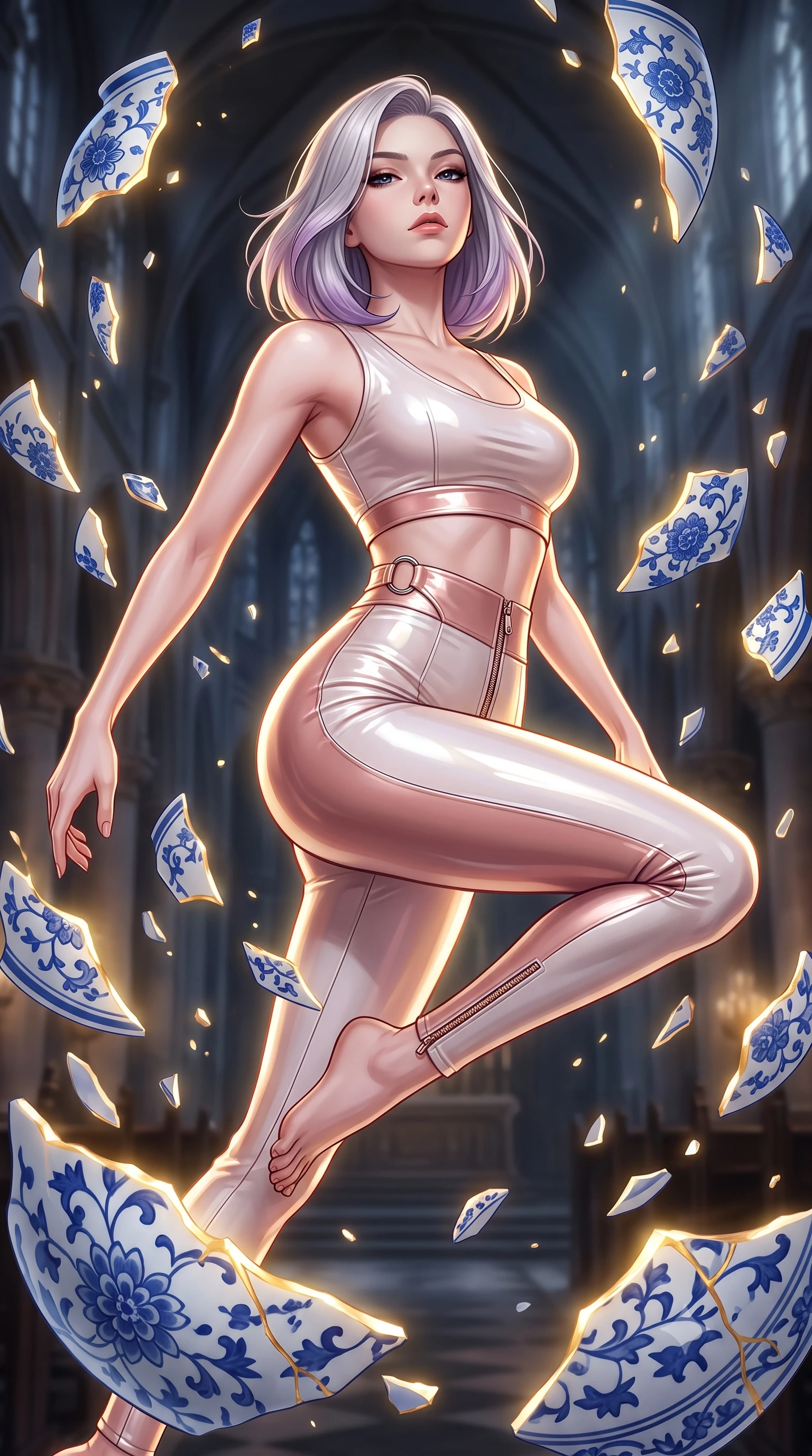 score_9, masterpiece, best quality, ultra-detailed, high-budget anime keyframe, editorial fashion photography, tasteful artistic composition, Caucasian woman. close-up cowboy shot from the waist and thighs up, the character dominates the composition, filling the frame with her large presence, background elements kept in soft focus. Tilting her chin up with an air of effortless superiority while balancing dynamically amidst the scene while leaping through an alchemical cathedral nave flanked by floating blue-and-white porcelain shards, intricate cobalt blue floral patterns on floating white ceramic vase shards. She has an exceptionally elegant, slender, and willowy female figure with an ultra-slim waist, a gracefully sculpted slender torso, and a refined silhouette. sharp v-shaped jawline, high-bridge nose, intricate jewel-like eyes with depth, thick eyelashes, glossy lips with a natural sheen, flawlessly proportioned anatomical accuracy, natural body alignment, perfectly sculpted elegant limbs, clean dynamic posture without body distortion. wearing a glossy vinyl crop top and high-waist tailored leggings with sleek zippers in pearl white and rose gold, tailored from high-gloss patent leather, accented with delicate chrome ring hardware framing her waist, the tailored fabric tightly following every curve of her athletic build. bathed in radiant golden kintsugi light radiating from ceramic cracks. highly saturated vibrant anime colors, detailed shading with soft gradients, rich glossy textures, high-contrast stereoscopic depth, volumetric dynamic lighting, master piece, 9:16 ratio