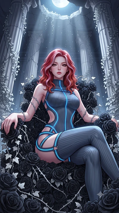 score_9, masterpiece, best quality, ultra-detailed, High-budget Anime Keyframe, Caucasian woman, strictly human ears. Low angle cowboy shot filling the entire 9:16 frame with her statuesque presence. Scenario 325: resting on a throne of black roses, 