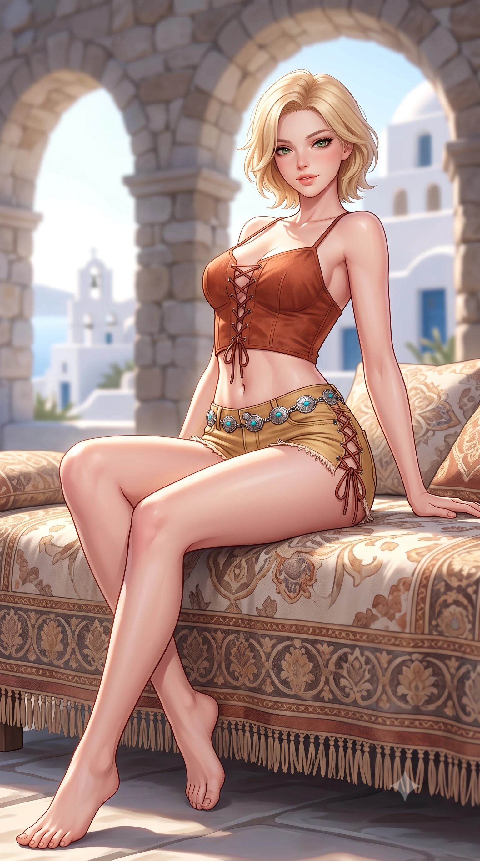 score_9, masterpiece, best quality, ultra-detailed, high-budget anime keyframe, semi-realistic 3D game render, editorial fashion photography, tasteful artistic composition, Caucasian woman. low angle full-body shot from head to toe showing her feet, filling the entire 9:16 vertical frame with her statuesque presence, stretching her vertical silhouette. lounging on the lavish daybed with legs crossed and hips angled toward the camera, displaying her toned midriff and long slender limbs with effortless siren poise while twisting her slender torso in an alluring contrapposto stance, fresh island breezes molding her form-fitting outfit to her curvy hips. The background shows a soft-focus cycladic stone arches softened in idyllic Greek island shallow focus. She has an absolutely perfect, statuesque 8.5-heads proportion, an exceptionally tall and slender model-like female figure with impossibly long slender legs, an ultra-slim waist, a flat toned midriff, narrow delicate ribcage, and beautifully sculpted feminine hips creating a graceful, slim hourglass silhouette without any bulky heaviness. sharp v-shaped jawline, high-bridge nose, sparkling eyes with hypnotic seductive depth, thick curled eyelashes, glossy parted lips with a natural dewy peach sheen, alluring bedroom-eyes with an enchanting coquettish smile, exuding magnetic siren charisma and sophisticated glamour, flawlessly proportioned anatomical accuracy, strict slender model proportions, natural body alignment, perfectly sculpted long slender limbs, ultra-slim waistline, clean dynamic posture without body distortion. wearing a plunging lace-up suede bustier top paired with ultra-short frayed denim cutoffs and a silver concho waist chain in terracotta rust and desert sand gold with turquoise accents, tailored from second-skin technical compression neoprene with athletic curve-sculpting stretch, featuring fine criss-cross lace-up side ties revealing tantalizing glimpses of her hip curve, the glove-like clinging cut tightly following the natural contour of her hips and long slender legs with youthful 8.5-heads elegance. bathed in brilliant Grecian afternoon sunlight bouncing off whitewashed stone surfaces. highly saturated vibrant anime colors, detailed shading with soft gradients, rich glossy textures, high-contrast stereoscopic depth, volumetric dynamic lighting, master piece, 9:16 ratio