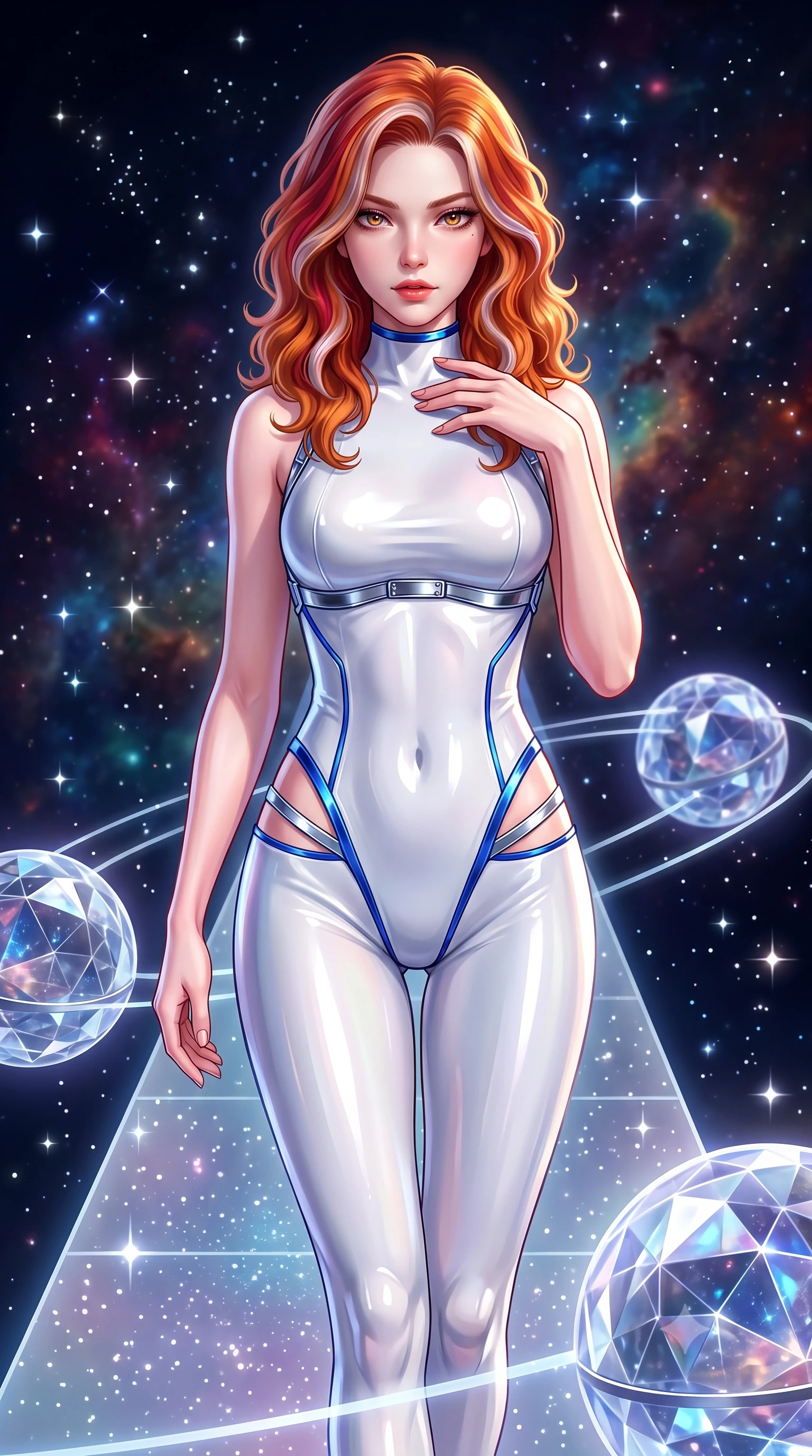 score_9, masterpiece, best quality, ultra-detailed, high-budget anime keyframe, semi-realistic 3D game render, editorial fashion photography, tasteful artistic composition, Caucasian woman. close-up cowboy shot from the waist and thighs up, the character dominates the composition, filling the frame with her large presence. leaning forward with a dangerous, enticing smolder, resting one hand near her collarbone while casting a fiery, magnetic direct gaze while stepping gracefully along a translucent starlight runway connecting orbiting crystalline observatory spheres. The composition keeps background elements in soft focus with creamy bokeh. sparkling diamond stardust motes scattering celestial light across a deep space backdrop. She has an exceptionally elegant, slender, and willowy female figure with an ultra-slim waist, a gracefully sculpted slender torso, toned flat midriff, and a refined slim silhouette. sharp v-shaped jawline, high-bridge nose, intricate jewel-like eyes with depth, thick eyelashes, glossy lips with a natural sheen, flawlessly proportioned anatomical accuracy, strict slender model proportions, natural body alignment, perfectly sculpted long slender limbs, ultra-slim waistline, clean dynamic posture without body distortion. wearing a second-skin white liquid-mercury micro-bodysuit sculpted tightly to her slender build, featuring razor-thin metallic straps and hip cutouts in liquid electric cobalt blue and polished silver, formed from high-gloss patent material with specular light reflections, reinforced by a sleek metallic chrome harness and delicate glowing micro-straps, the liquid-tight tailored fabric emphasizing every curve of her tall, slender model proportions and sculptured silhouette during dynamic movement. bathed in radiant starlight brilliance and multi-colored nebula ambient illumination. highly saturated vibrant anime colors, detailed shading with soft gradients, rich glossy textures, high-contrast stereoscopic depth, volumetric dynamic lighting, master piece, 9:16 ratio