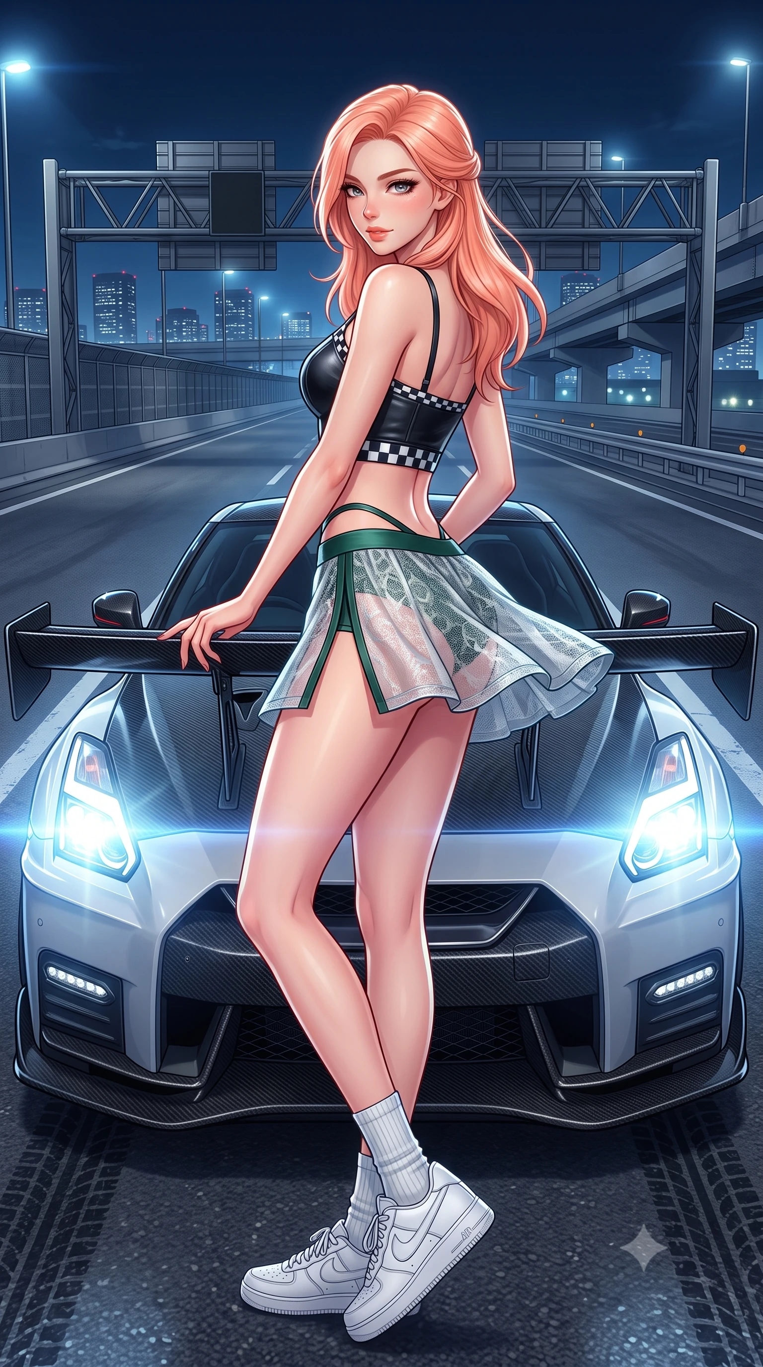 score_9, masterpiece, best quality, ultra-detailed, high-budget anime keyframe, semi-realistic 3D game render, editorial fashion photography, tasteful artistic composition, Japanese woman. low angle full-body shot from head to toe showing her feet, filling the entire 9:16 vertical frame with her statuesque presence, stretching her vertical silhouette. executing an athletic pivot turn as her pleated tennis skirt flutters around her slender legs, glancing over her shoulder with an intoxicating, teasing bedroom-gaze while sitting on the wide carbon rear wing of an exotic Japanese hypercar, arching her lower back with dangerous, smoldering racing queen allure. The surrounding environment is rendered in vivid detail and crisp panoramic clarity: detailed leather suit texture, neon highlights on skin, and industrial Yokohama highway architecture in high clarity. She has an absolutely perfect, statuesque 8.5-heads proportion, an exceptionally tall and slender model-like female figure with impossibly long slender legs, an ultra-slim waist, a flat toned midriff, narrow delicate ribcage, and beautifully sculpted feminine hips creating a graceful, slim hourglass silhouette without any bulky heaviness. sharp v-shaped jawline, high-bridge nose, sparkling eyes with athletic focus and depth, thick curled eyelashes, glossy parted lips with a natural coral-peach sheen, bright confident and coquettish smile with alluring bedroom-eyes, exuding both youthful sporty vigor and sovereign high-society glamour, flawlessly proportioned anatomical accuracy, strict slender model proportions, natural body alignment, perfectly sculpted long slender limbs, ultra-slim waistline, clean dynamic posture without body distortion. wearing a chic leather bustier top with checkered flag trim paired with an ultra-short A-line tennis skirt in alpine silver platinum and forest green, crafted from sheer delicate stretch lace reinforced with technical sport threads, complemented by ribbed knit crew socks and clean white designer court sneakers, the precision-cut side openings and low-back scoop framing her graceful spine and the sensual sweep of her slim, athletic hips. illuminated by high-beam headlight flares and sharp chrome rim lights sculpting her razor-sharp jawline, narrow waist, and curvy hips. highly saturated vibrant anime colors, detailed shading with soft gradients, rich glossy textures, high-contrast stereoscopic depth, volumetric dynamic lighting, master piece, 9:16 ratio