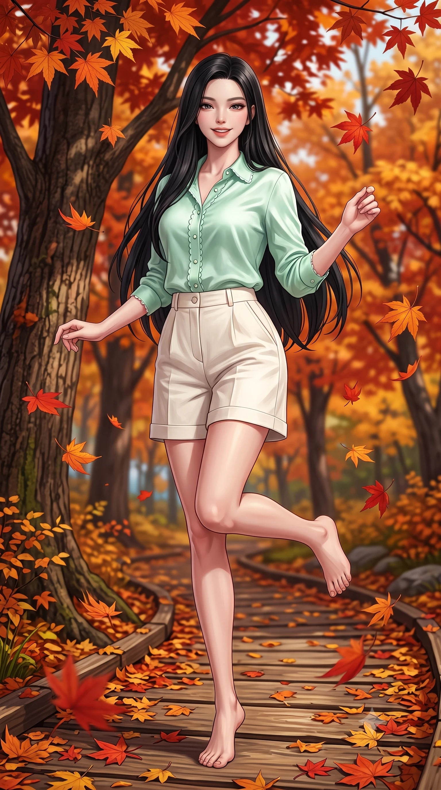 score_9, masterpiece, best quality, ultra-detailed, high-budget anime keyframe, semi-realistic 3D game render, editorial fashion photography, tasteful artistic composition, Korean woman. low angle full-body shot from head to toe showing her feet, filling the entire 9:16 vertical frame with her statuesque presence, stretching her vertical silhouette. standing poised on one leg with a playful hop and joyful expression, her long legs and slender figure highlighted against the landscape while turning gracefully as falling scarlet and amber leaves swirl playfully around her tall, slender silhouette. The surrounding environment is rendered in vivid detail and crisp panoramic clarity. distinct maple leaf veins, textured tree bark, and fallen leaf-covered timber pathways in deep focus. She has an absolutely perfect, statuesque 8.5-heads proportion, an exceptionally tall and slender model-like female figure with impossibly long slender legs, a toned flat midriff, and an ultra-slim waist. sharp v-shaped jawline, high-bridge nose, intricate jewel-like eyes with depth, thick eyelashes, glossy lips with a natural sheen, pure and lovely fresh girlhood expression, flawlessly proportioned anatomical accuracy, strict slender model proportions, natural body alignment, perfectly sculpted long slender limbs, ultra-slim waistline, clean dynamic posture without body distortion. wearing a lightweight pastel linen button-down shirt paired with tailored high-rise white Bermuda shorts in muted olive green and ivory cotton, crafted from smooth fluid silk satin with a natural gentle sheen, finished with delicate scallop trims and tiny pearl buttons, the relaxed yet flattering fit accentuating her naturally graceful and slender figure, highlighting her youthful charm and lovely silhouette. surrounded by a warm, romantic, and deeply nostalgic autumn sweetheart aura. highly saturated vibrant anime colors, detailed shading with soft gradients, rich glossy textures, high-contrast stereoscopic depth, volumetric dynamic lighting, master piece, 9:16 ratio