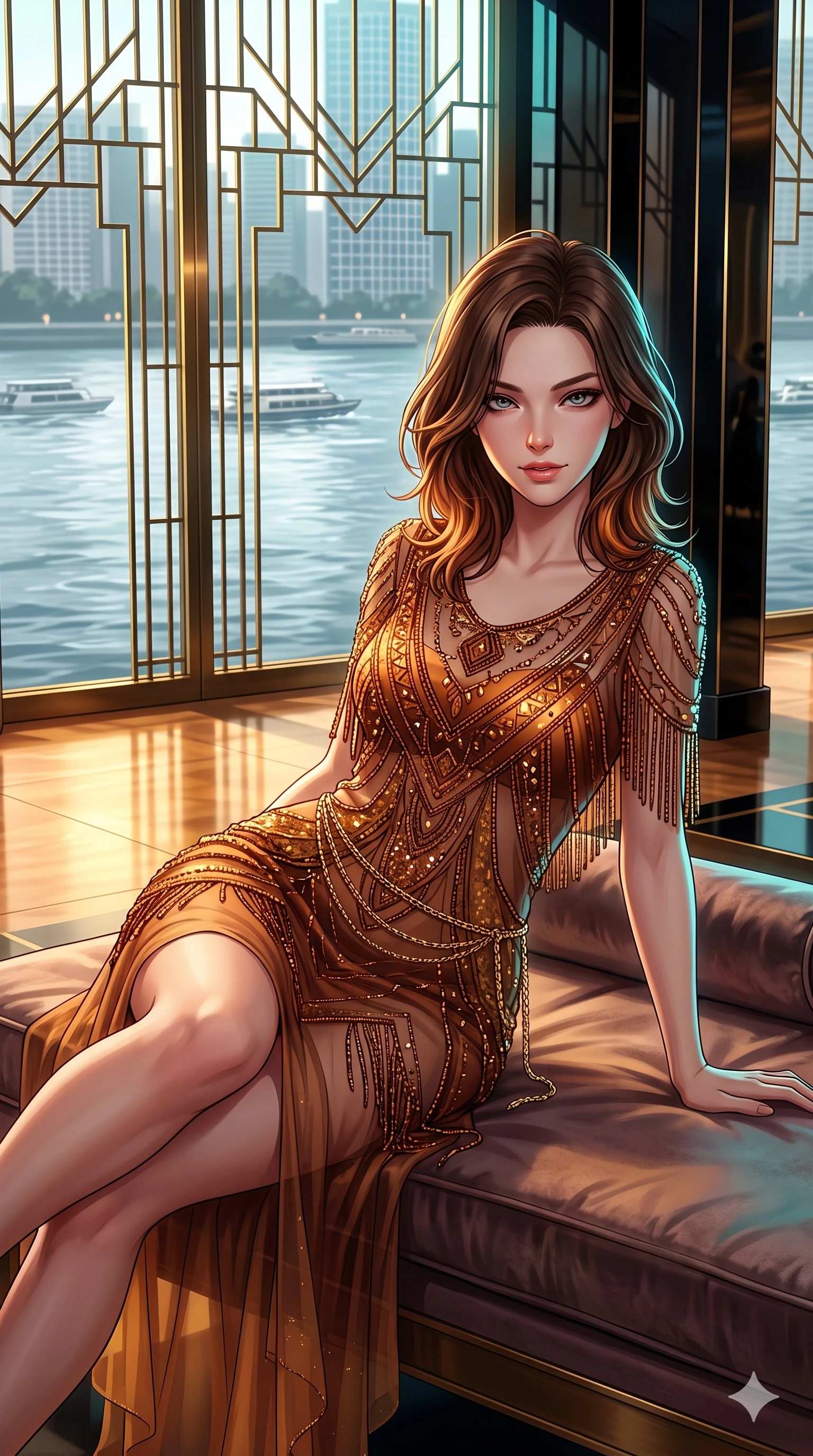 score_9, masterpiece, best quality, ultra-detailed, high-budget anime keyframe, semi-realistic 3D game render, editorial fashion photography, tasteful artistic composition, Korean woman. close-up cowboy shot from the waist and thighs up, the character dominates the composition, filling the frame with her large presence. leaning forward while arching her lower back to accentuate her curvy hips, looking into the camera with an intoxicating smoldering gaze and bedroom-eyes while lounging in a velvet chaise lounge propped on one elbow with legs crossed, flashing an intoxicating smile with parted glossy lips as river traffic glides past. The surrounding environment is rendered in vivid detail and crisp panoramic clarity: sharp geometric brass window grill bevels, mirror-polished black lacquer pillar reflections, and crisp skyline window grids in deep focus. She has an exceptionally elegant, slender, and willowy female figure with an ultra-slim waist, flat toned midriff, narrow ribcage, and sculpted feminine hips creating an alluring, slim hourglass silhouette without bulk. sharp v-shaped jawline, high-bridge nose, intricate jewel-like sparkling eyes with depth, thick eyelashes, glossy parted lips with a natural sheen, intensely captivating and seductive bedroom-eyes expression, exuding both youthful cute charm and sovereign luxury allure, flawlessly proportioned anatomical accuracy, strict slender model proportions, natural body alignment, perfectly sculpted long slender limbs, ultra-slim waistline, clean dynamic posture without body distortion. wearing a sheer vintage mesh flapper dress adorned with intricate geometric beadwork over an opaque silk micro-slip in rich copper bronze and warm amber, made of sheer gossamer chiffon that drapes softly against skin with airy translucence, accented with a delicate gold chain belt resting loosely on her curvy hips, the high-slit wrap tailoring accentuating her ultra-slim waistline and the enchanting curve of her feminine hips with alluring seductive charm. illuminated by floor reflections and sharp gold-cyan rim lights defining her razor-sharp jawline, narrow waist, and curvy hips. highly saturated vibrant anime colors, detailed shading with soft gradients, rich glossy textures, high-contrast stereoscopic depth, volumetric dynamic lighting, master piece, 9:16 ratio