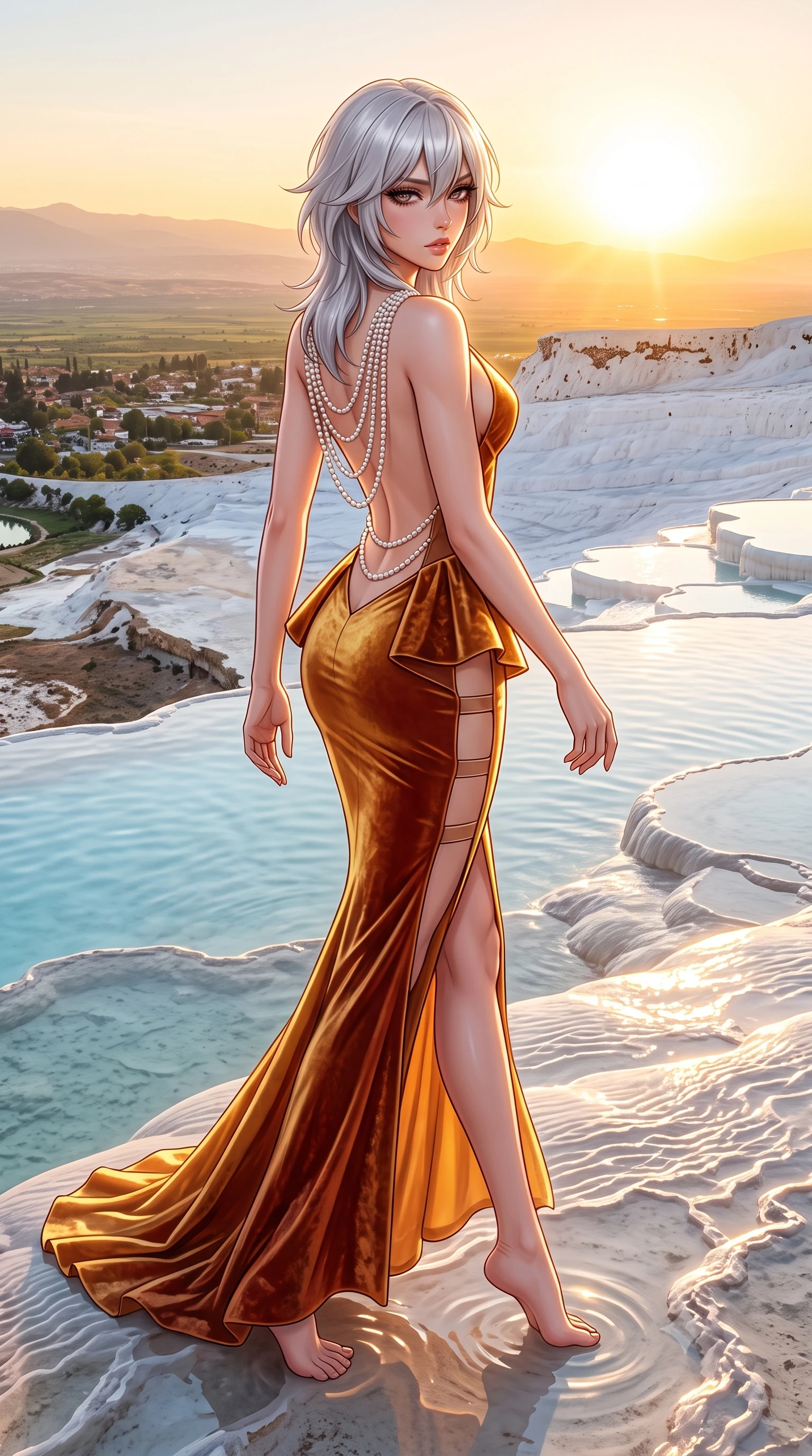 score_9, masterpiece, best quality, ultra-detailed, high-budget anime keyframe, semi-realistic 3D game render, editorial fashion photography, tasteful artistic composition, Japanese woman. low angle full-body shot from head to toe showing her feet, filling the entire 9:16 vertical frame with her statuesque presence, stretching her vertical silhouette. striding forward in a proud supermodel runway stride, hips swaying in an alluring kinetic rhythm that accentuates her curvy hourglass silhouette while standing poised on the gleaming snow-white mineral shelf, turning in an alluring dancer S-curve as the vast Anatolian valley glows beneath the setting sun. The surrounding environment is rendered in vivid detail and crisp panoramic clarity. sharp calcium travertine ripple textures, mineral water surface tension, and terraced cliff contours in deep focus. She has an exceptionally tall and slender model-like 8.5-heads proportion, an ultra-slim waist, a flat toned midriff, narrow delicate ribcage, and beautifully sculpted feminine hips creating a graceful, slim hourglass silhouette without any bulky heaviness, with impossibly long slender legs. sharp v-shaped jawline, high-bridge nose, intricate jewel-like eyes with depth, thick eyelashes, glossy parted lips with a natural sheen, intensely captivating and seductive bedroom-eyes expression, flawlessly proportioned anatomical accuracy, strict slender model proportions, natural body alignment, perfectly sculpted long slender limbs, ultra-slim waistline, clean dynamic posture without body distortion. wearing a structural geometric peplum gown with sheer side-ribbon cutouts and form-fitting skirt in molten desert gold and burnt terracotta, crafted from heavyweight crushed silk velvet with liquid vintage luster, accented with a multi-strand pearl back necklace cascading down her bare spine to her hips, the second-skin form-contouring cut accentuating her sculpted flat midriff, narrow delicate ribcage, and gracefully curvy hips with supermodel precision. bathed in glorious golden hour sunset backlighting and intense white travertine mineral bounce fill. highly saturated vibrant anime colors, detailed shading with soft gradients, rich glossy textures, high-contrast stereoscopic depth, volumetric dynamic lighting, master piece, 9:16 ratio