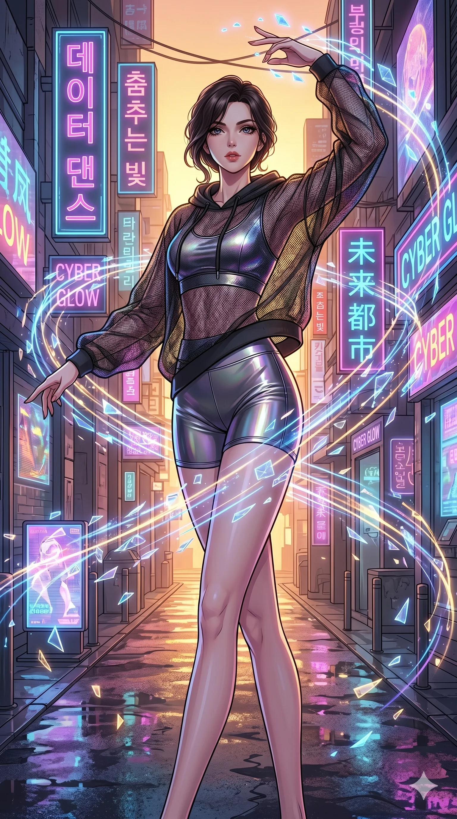 첨부의 캐릭터를 고정하여, 절대로 의상과 포즈를 동일하게 하지말고 현재 프롬프트 기반으로 이미지를 완전히 재구성해야해. score_9, masterpiece, best quality, ultra-detailed, high-budget anime movie keyframe, cinematic anime lighting, intricate line art, Japanese woman. Medium shot of upper body capturing the intricate details of her high-fashion attire. dancing with data-shards in a neon-lit cyberpunk alleyway during a golden sunset. She has an absolutely perfect 8-heads proportion, an exceptionally tall and slender female figure with an ultra-slim waist and impossibly long slender legs. sharp v-shaped jawline, high-bridge nose, intricate jewel-like eyes, thick eyelashes, glossy lips. Wearing premium athleisure set with a metallic-finish compression top, high-cut yoga shorts that accentuate her long legs, and a sheer oversized hoodie. The scene is illuminated by dramatic atmospheric lighting and vibrant color palettes. , 2k, ultra detail, master piece, 9:16 ratio