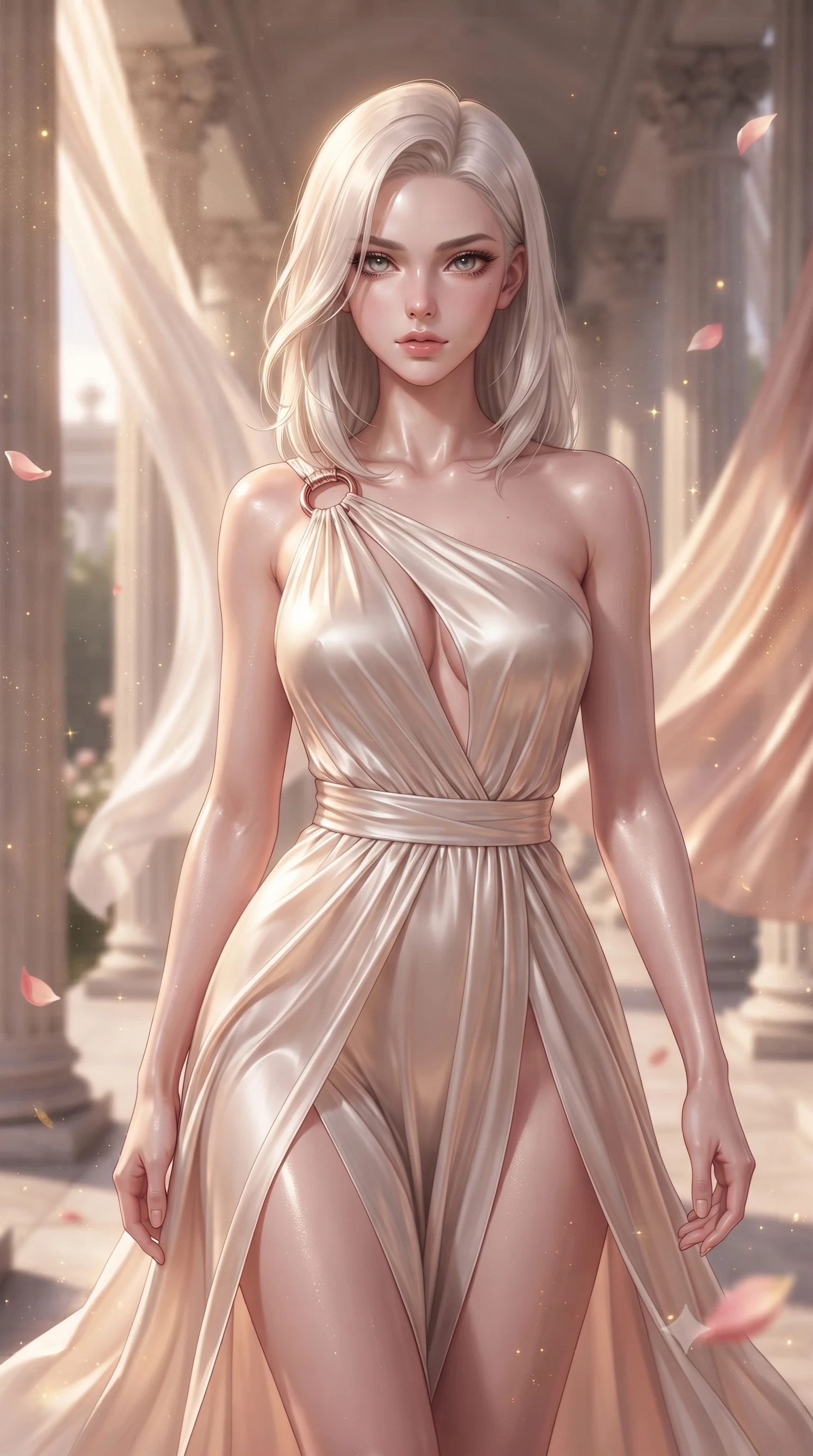 score_9, masterpiece, best quality, ultra-detailed, high-budget anime keyframe, editorial fashion photography, tasteful artistic composition, Caucasian woman. close-up cowboy shot from the waist and thighs up, the character dominates the composition, filling the frame with her large presence, background elements kept in soft focus. Leaning slightly forward with a composed, seductive gaze under soft glowing light walking through an open-air colonnade with billowing silk gossamer curtains, floating rose petals and golden dust motes sparkling in the air. She has an exceptionally elegant, slender, and willowy female figure with an ultra-slim waist, a gracefully sculpted slender torso, and a refined silhouette. sharp v-shaped jawline, high-bridge nose, intricate jewel-like eyes with depth, thick eyelashes, glossy lips with a natural sheen. wearing an asymmetrical Grecian draped chiffon gown with a metallic shoulder ring in pearl white and rose gold, made of premium stretch velvet with a rich sheen, accented with a Tasteful chest slit framing her clavicle gracefully, the sleek second-skin texture accentuating her magnetic presence. bathed in glorious golden hour sunbeams and warm rose-gold ambient light. ultra-reflective glossy finish, specular highlights, metallic sheen, high-contrast stereoscopic depth, volumetric dynamic lighting, 2k, ultra detail, master piece, 9:16 ratio