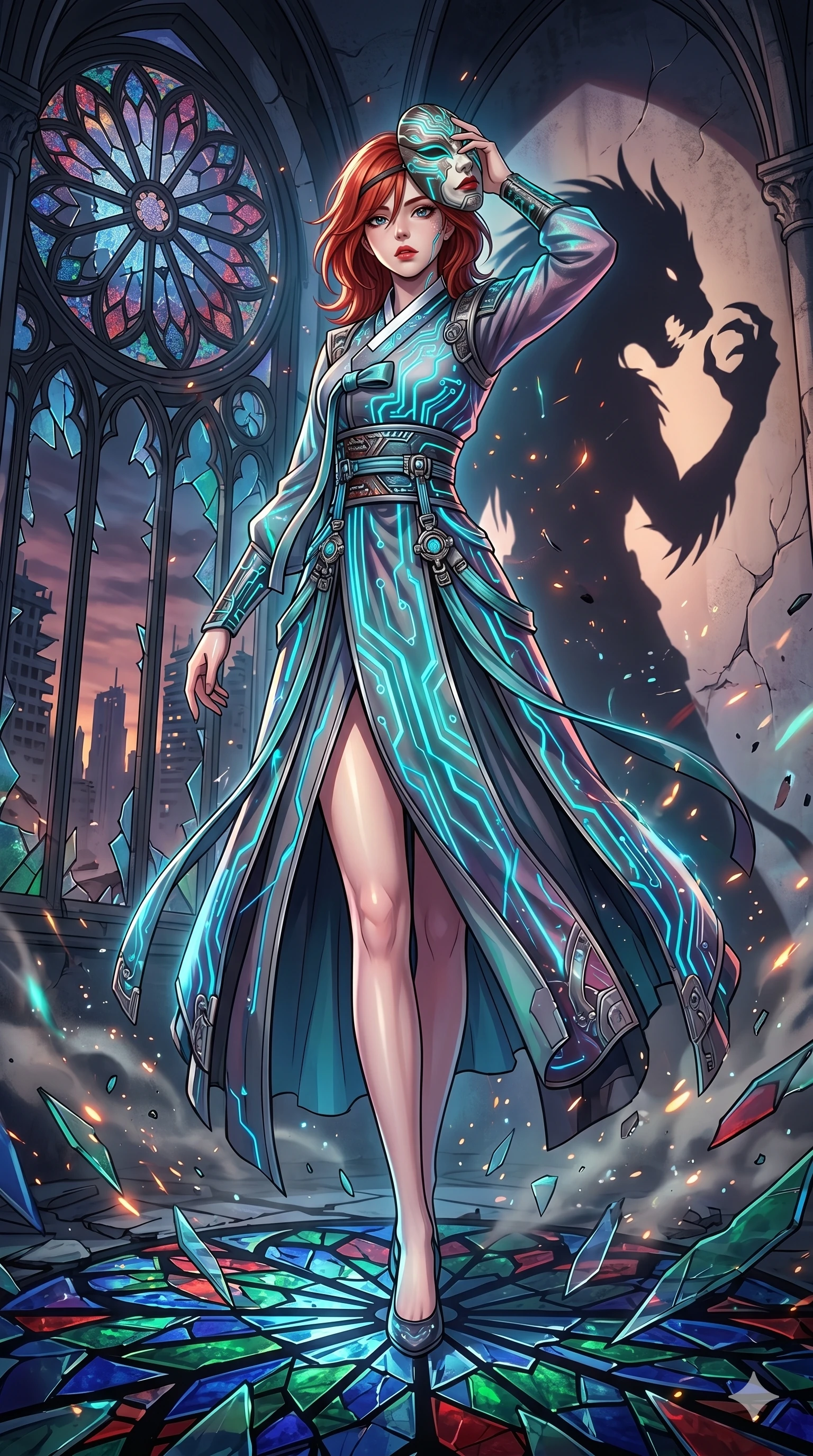 score_9, masterpiece, best quality, ultra-detailed, Set A: High-budget Anime Keyframe, Korean woman. Low angle cowboy shot filling the entire 9:16 frame with her statuesque presence. Adjusting a mask through a shattered glass cathedral, while her shadow mimics the movements of a predator 225 and surrounded by glowing energy sparks. She has an absolutely perfect 8-heads proportion, an exceptionally tall and slender female figure with impossibly long slender legs and an ultra-slim waist. Sharp v-shaped jawline, high-bridge nose, intricate jewel-like eyes with depth, thick eyelashes, glossy lips with a natural sheen. Wearing Traditional silk robe with a modern tech-twist, featuring glowing circuit patterns. Cinematic lighting, vibrant colors, dramatic shadows, 2k, ultra detail, master piece, 9:16 ratio