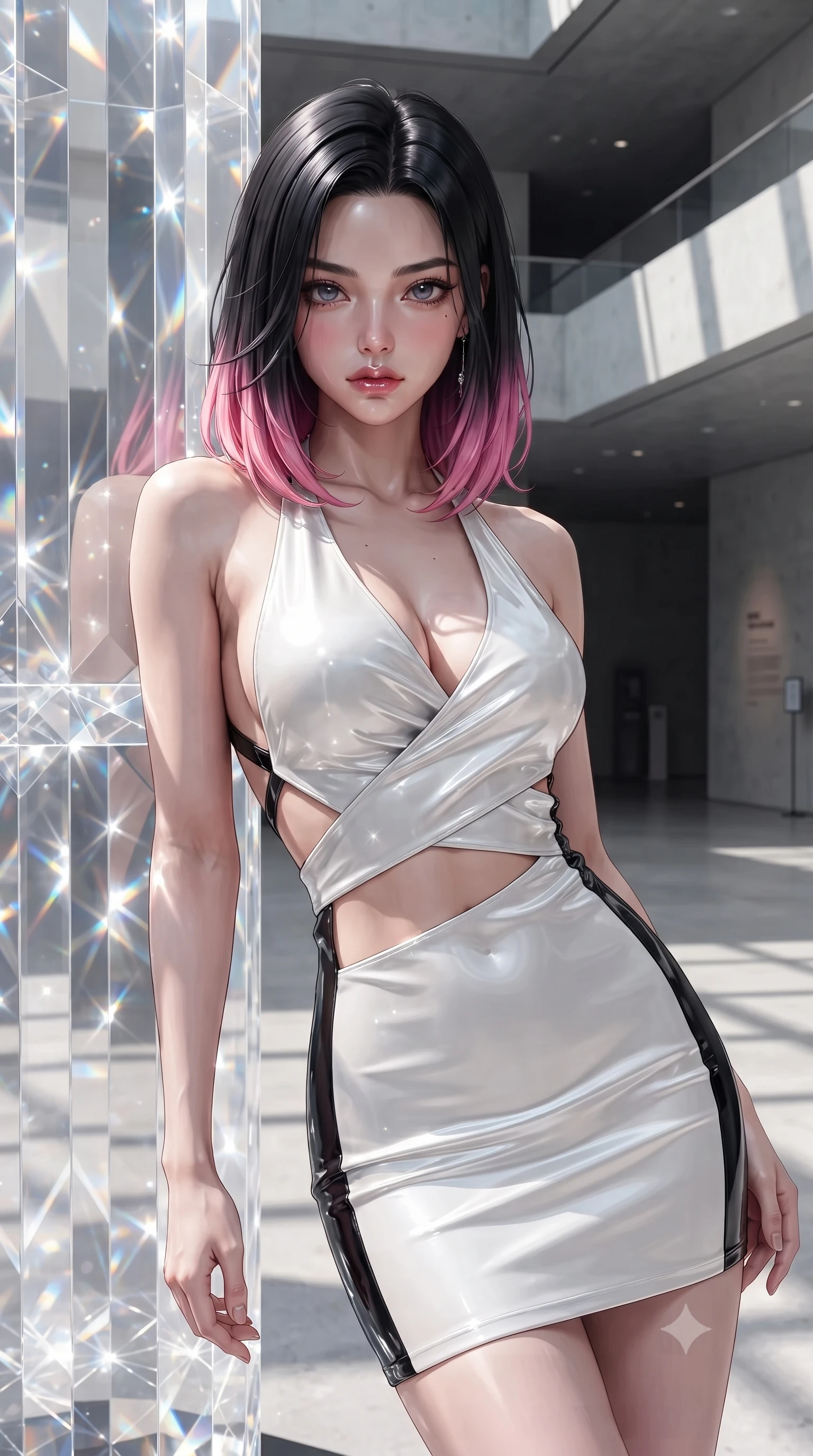 score_9, masterpiece, best quality, ultra-detailed, high-budget anime keyframe, editorial fashion photography, tasteful artistic composition, Korean woman. close-up cowboy shot from the waist and thighs up, the character dominates the composition, filling the frame with her large presence. gazing directly into the lens with bedroom eyes and a breathtaking, dangerous allure that commands the entire composition while leaning against a towering optical crystal pillar with a haughty, smoldering gaze amidst pure white daylight. The surrounding environment is rendered in vivid detail and crisp panoramic clarity. intricate light refraction patterns, crisp modern museum architecture, and clean shadows in high clarity. She has an exceptionally elegant, slender, and willowy female figure with an ultra-slim waist, a gracefully sculpted slender torso, toned flat midriff, and a refined slim silhouette. sharp v-shaped jawline, high-bridge nose, intricate jewel-like eyes with depth, thick eyelashes, glossy lips with a natural sheen, flawlessly proportioned anatomical accuracy, strict slender model proportions, natural body alignment, perfectly sculpted long slender limbs, ultra-slim waistline, clean dynamic posture without body distortion. wearing a form-contouring liquid satin halter-neck mini dress with a deep crossover cowl front, open back, and ultra-slender waist drape in high-gloss monochrome white and sharp black contrast, formed from high-gloss patent material with specular light reflections, complemented by criss-cross back straps highlighting her completely bare spine, the precision-cut daring openings accentuating her delicate midriff, graceful bare collarbones, and ultra-slim feminine waistline. surrounded by a hyper-creative, radiant, and fiercely chic modern fashion editorial aura. ultra-reflective glossy finish, specular highlights, metallic sheen, high-contrast stereoscopic depth, volumetric dynamic lighting, 2k, ultra detail, master piece, 9:16 ratio
