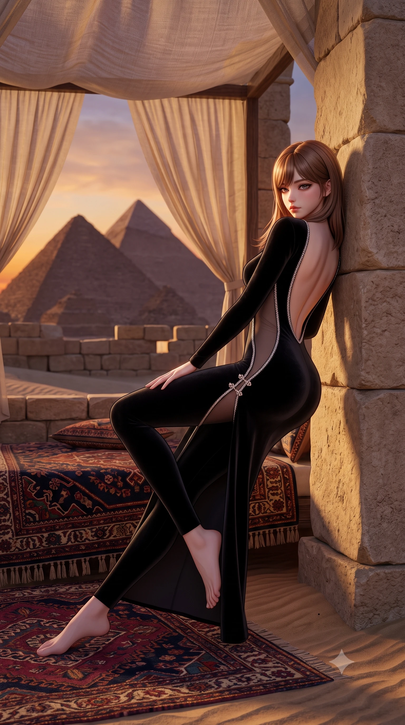 score_9, masterpiece, best quality, ultra-detailed, high-budget anime keyframe, semi-realistic 3D game render, editorial fashion photography, tasteful artistic composition, Korean woman. low angle full-body shot from head to toe showing her feet, filling the entire 9:16 vertical frame with her statuesque presence, stretching her vertical silhouette. leaning deep against the structural architecture with hips cocked in an unapologetically bold, seductive high-fashion stance while reclining across a low daybed draped in Egyptian kilims under billowing linen canopies, arching her back as the Great Pyramids silhouette against an amber sky. The surrounding environment is rendered in vivid detail and crisp panoramic clarity. sharp ancient pyramid limestone block courses, desert sand dune ridges, and embroidered kilim weave in deep focus. She has an exceptionally tall and slender model-like 8.5-heads proportion, an ultra-slim waist, a flat toned midriff, narrow delicate ribcage, and beautifully sculpted feminine hips creating a graceful, slim hourglass silhouette without any bulky heaviness, with impossibly long slender legs. sharp v-shaped jawline, high-bridge nose, intricate jewel-like eyes with depth, thick eyelashes, glossy parted lips with a natural sheen, intensely captivating and seductive bedroom-eyes expression, flawlessly proportioned anatomical accuracy, strict slender model proportions, natural body alignment, perfectly sculpted long slender limbs, ultra-slim waistline, clean dynamic posture without body distortion. wearing a second-skin compression catsuit with an open back and sheer mesh side waist contouring in pitch-black velvet with diamond crystal trim, made of sheer contouring power-mesh with velvet flocking patterns, finished with an ultra-high side slit secured by miniature jeweled clasps, the dramatically scooped open back descending to the base of her spine, accentuating her razor-sharp statuesque lines and slim hourglass silhouette. illuminated by warm sand surface bounce light contouring her razor-sharp jawline, narrow waist, and curvy hips. highly saturated vibrant anime colors, detailed shading with soft gradients, rich glossy textures, high-contrast stereoscopic depth, volumetric dynamic lighting, master piece, 9:16 ratio