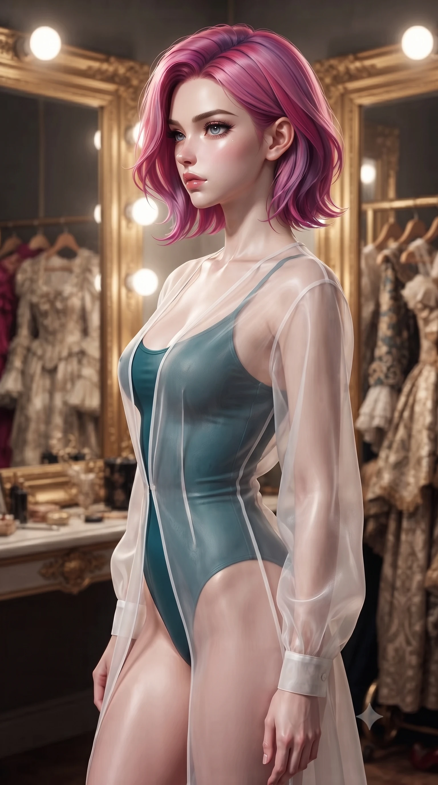 score_9, masterpiece, best quality, ultra-detailed, high-budget anime keyframe, editorial fashion photography, tasteful artistic composition, Caucasian woman. close-up cowboy shot from the waist and thighs up, the character dominates the composition, filling the frame with her large presence, background elements kept in soft focus. turning her face in sharp profile, casting a cold, mysterious, yet intensely alluring side gaze, the background shows a soft-focus the backstage lounge of an opera house with gold mirrors and vintage costume racks. She has an exceptionally elegant, slender, and willowy female figure with an ultra-slim waist, a gracefully sculpted slender torso, and a refined silhouette. sharp v-shaped jawline, high-bridge nose, intricate jewel-like eyes with depth, thick eyelashes, glossy lips with a natural sheen. wearing a form-contouring sheer white organza resort cover-up worn over a form-fitting one-piece swimsuit, showing her elegant clavicle lines. bright vanity spotlights casting detailed front lighting with soft back shadow. ultra-reflective glossy finish, specular highlights, metallic sheen, high-contrast stereoscopic depth, volumetric dynamic lighting, 2k, ultra detail, master piece, 9:16 ratio