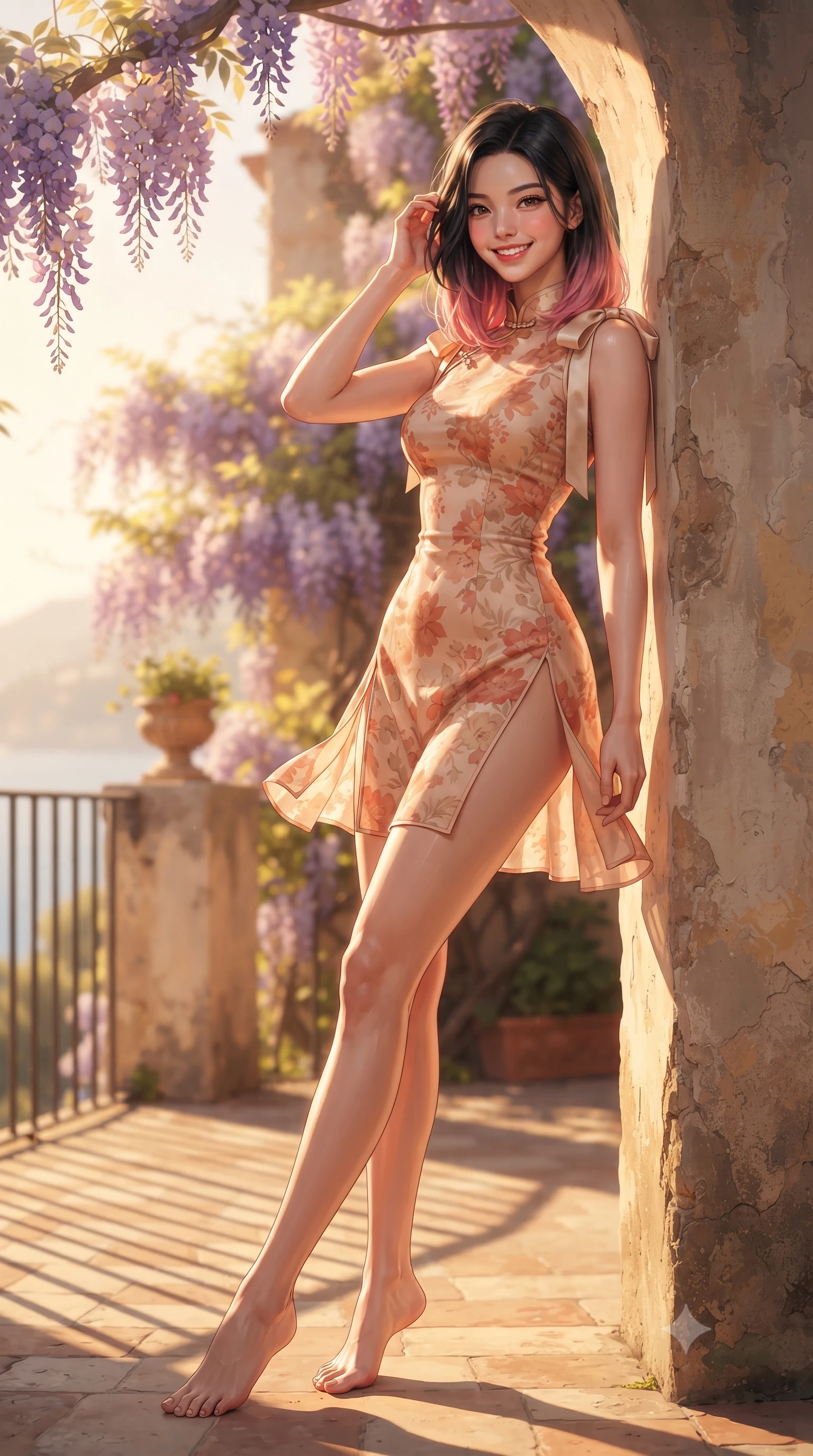 score_9, masterpiece, best quality, ultra-detailed, high-budget anime keyframe, editorial fashion photography, tasteful artistic composition, Korean woman. low angle full-body shot from head to toe showing her feet, filling the entire 9:16 vertical frame with her statuesque presence, stretching her vertical silhouette. leaning deep against the sunlit villa archway with hips cocked back in a cute yet unapologetically alluring high-fashion stance, flashing a warm beaming smile while twisting her slender torso in an alluring S-curve with one hand touching her hair, the warm Tyrrhenian evening breeze molding her dress to her curves. The composition keeps background elements in soft focus with dreamy creamy bokeh. cascading clusters of fragrant lavender wisteria blossoms softened in romantic Caprese shallow focus. She has an exceptionally tall and slender model-like 8.5-heads proportion, an ultra-slim waist, a flat toned midriff, narrow delicate ribcage, and beautifully sculpted feminine hips creating a graceful, slim hourglass silhouette without any bulky heaviness, with impossibly long slender legs. sharp v-shaped jawline, high-bridge nose, sparkling amber-hazel eyes with depth, long lush eyelashes, glossy sun-kissed lips with a warm coral glaze, radiant teasing smile with sensual sunlit bedroom-eyes, exuding effortless old-money elegance and intoxicating sun-drenched allure, flawlessly proportioned anatomical accuracy, strict slender model proportions, natural body alignment, perfectly sculpted long slender limbs, ultra-slim waistline, clean dynamic posture without body distortion. wearing a modern cute floral silk qipao mini dress with double side slits ascending to the hip in sunset peach tones in Mediterranean terracotta and warm oatmeal beige, tailored from airy semi-sheer chiffon that flutters gently in the evening breeze, finished with cute satin bow ribbons tying at the shoulders, the high-waisted tailoring accentuating her ultra-slim waistline and the enchanting curve of her feminine hips with alluring sunlit charm. bathed in rich golden hour coastal sunlight casting warm long shadows across the balcony. ultra-reflective glossy finish, specular highlights, rich textural contrasts, high-contrast stereoscopic depth, volumetric dynamic lighting, 2k, ultra detail, master piece, 9:16 ratio