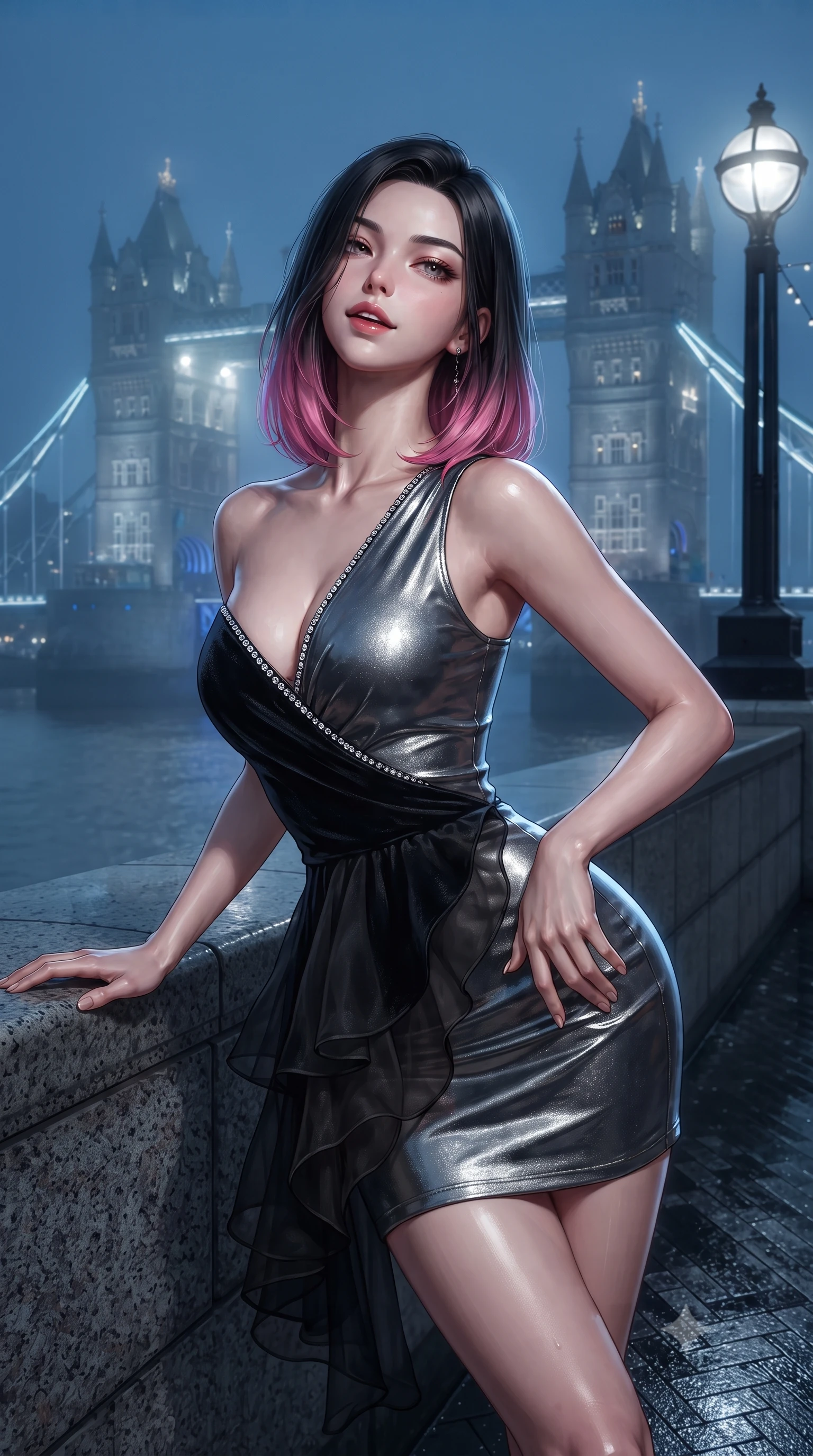 score_9, masterpiece, best quality, ultra-detailed, high-budget anime keyframe, editorial fashion photography, tasteful artistic composition, Korean woman. close-up cowboy shot from the waist and thighs up, the character dominates the composition, filling the frame with her large presence. tilting her chin up slightly with lips parted in a composed, sovereign expression, her body curving in an alluring S-line that accentuates her hip contour while standing at the riverside stone parapet wrapped in the cool night fog, arching her back with sovereign grace as the illuminated Tower Bridge towers behind. The surrounding environment is rendered in vivid detail and crisp panoramic clarity. sharp river wall stone texture, cast-iron lantern scrollwork, and damp pavement sheen in deep focus. She has an exceptionally elegant, slender, and willowy female figure with an ultra-slim waist, flat toned midriff, narrow ribcage, and sculpted feminine hips creating an alluring, slim hourglass silhouette without bulk. sharp v-shaped jawline, high-bridge nose, intricate jewel-like dark sparkling eyes with dangerous depth, thick curled eyelashes, glossy parted lips with a rich wine sheen, smoldering seductive half-smile with bedroom-eyes, exuding effortless superiority and intoxicating dark allure, flawlessly proportioned anatomical accuracy, strict slender model proportions, natural body alignment, perfectly sculpted long slender limbs, ultra-slim waistline, clean dynamic posture without body distortion. wearing an asymmetric one-shoulder liquid mercury metallic mini dress hugging her narrow waist and curvy hips in shimmering pewter and noir velvet black, crafted from layered gossamer black organza with weightless, smoky flutter, finished with subtle crystal rhinestones lining the plunging neckline, the form-contouring cut accentuating her sculpted flat midriff, narrow delicate ribcage, and gracefully curvy hips with sovereign high-fashion precision. illuminated by dramatic mist-scattering key lights and cool blue rim lighting carving her slim torso, narrow waist, and curvy hips. ultra-reflective glossy finish, specular highlights, rich textural contrasts, high-contrast stereoscopic depth, volumetric dynamic lighting, 2k, ultra detail, master piece, 9:16 ratio