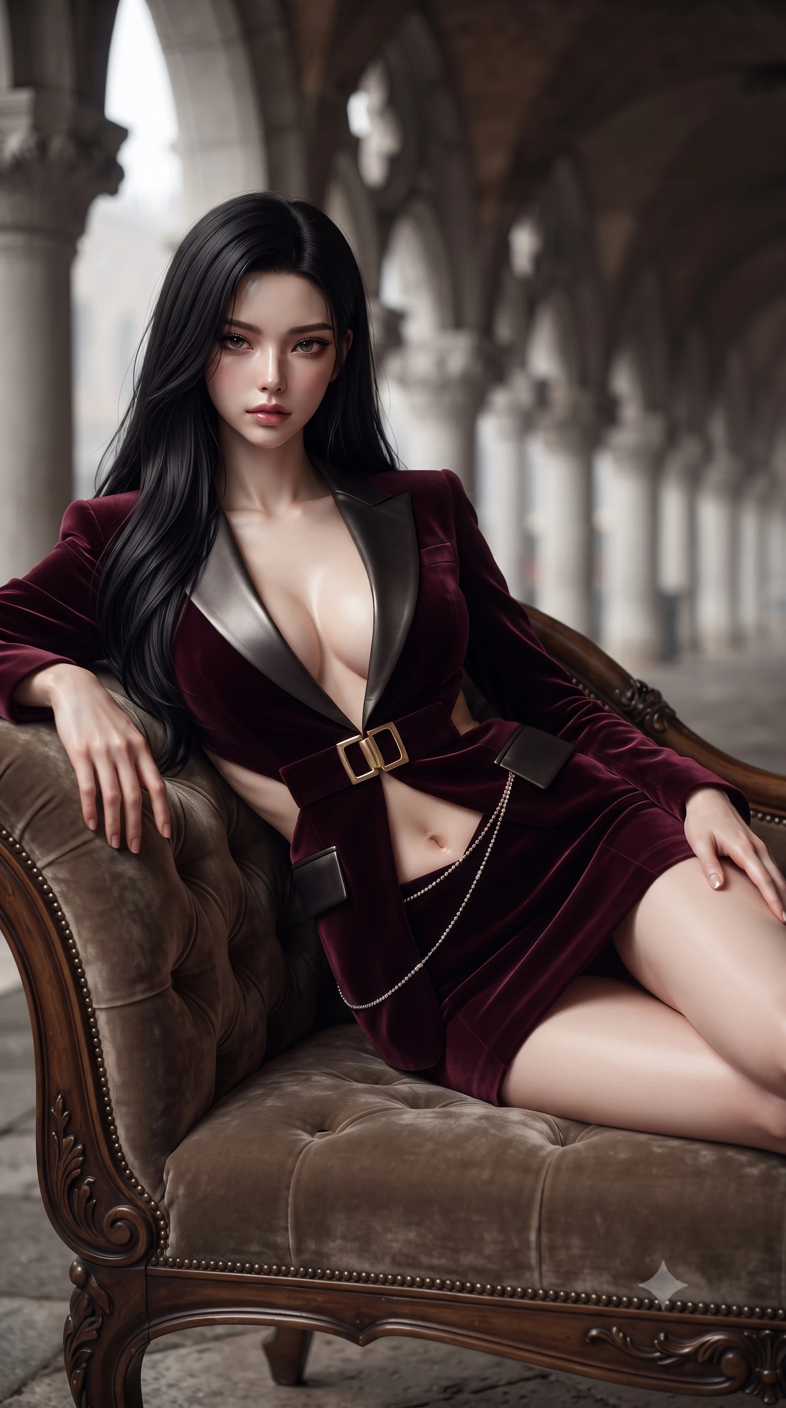 score_9, masterpiece, best quality, ultra-detailed, high-budget anime keyframe, editorial fashion photography, tasteful artistic composition, Korean woman. close-up cowboy shot from the waist and thighs up, the character dominates the composition, filling the frame with her large presence. arching her spine backward with effortless dancer poise, one hand sliding along her hip line as directional light carves specular highlights along her silhouette while lounging languidly on an antique velvet chaise within the shaded arcade, her flat midriff and feminine hips bathed in soft canal water reflections. The composition keeps background elements in soft focus with creamy bokeh. carved marble cloverleaf arches and canal morning mist softened in romantic Italian shallow focus. She has an exceptionally elegant, slender, and willowy female figure with an ultra-slim waist, flat toned midriff, narrow ribcage, and sculpted feminine hips creating an alluring, slim hourglass silhouette without bulk. sharp v-shaped jawline, high-bridge nose, intricate jewel-like eyes with depth, thick eyelashes, glossy parted lips with a natural sheen, intensely captivating and seductive bedroom-eyes expression, flawlessly proportioned anatomical accuracy, strict slender model proportions, natural body alignment, perfectly sculpted long slender limbs, ultra-slim waistline, clean dynamic posture without body distortion. wearing a tailored velvet tuxedo jacket dress with satin lapels, worn with a deep plunge neckline and gold hip buckle in deep wine burgundy and brushed dark platinum, formed from supple second-skin lambskin leather with specular sheen, accented with a dainty diamond waist chain catching the ambient light reflections, the precision-cut side openings and low-back scoop framing her graceful spine and the sensual sweep of her slim, toned hips. illuminated by soft specular water caustics carving her razor-sharp jawline, narrow waist, and curvy hips. ultra-reflective glossy finish, specular highlights, rich textural contrasts, high-contrast stereoscopic depth, volumetric dynamic lighting, 2k, ultra detail, master piece, 9:16 ratio