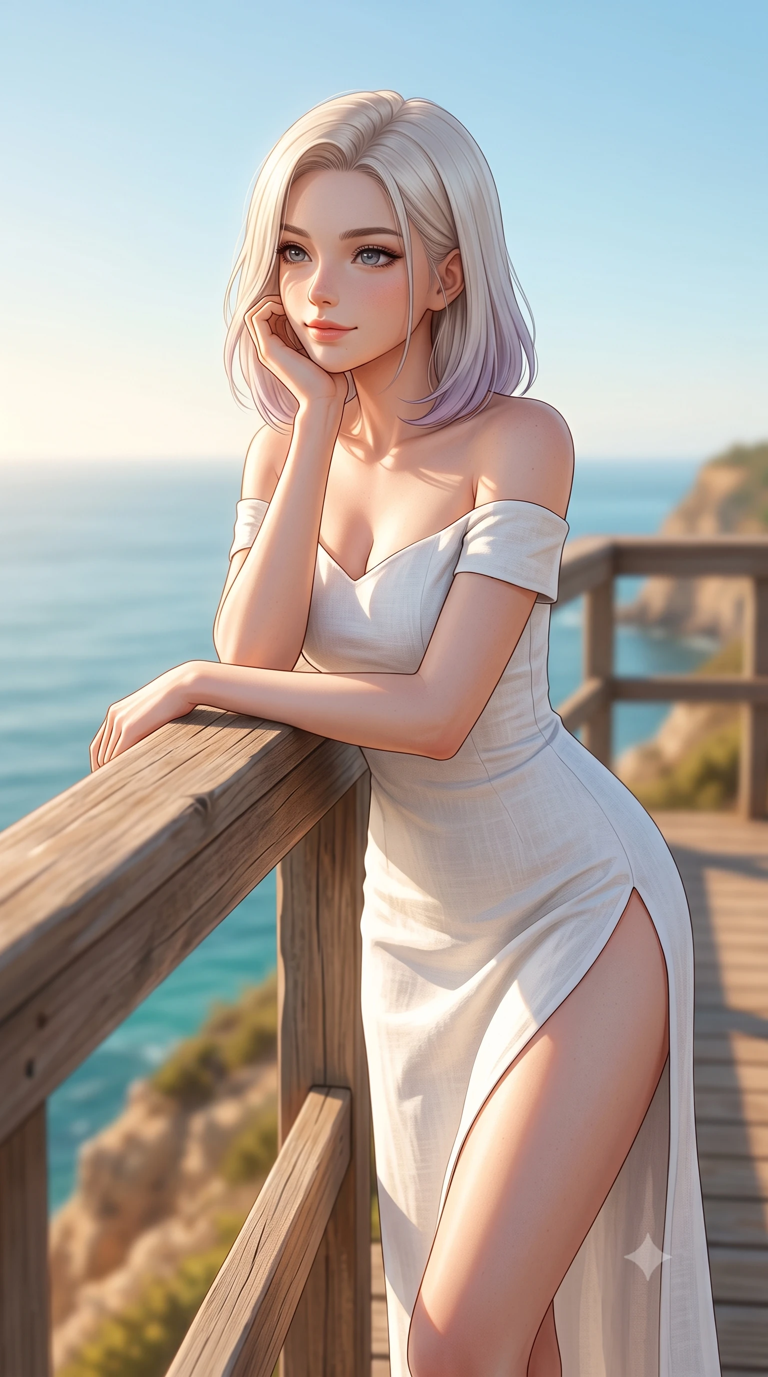 score_9, masterpiece, best quality, ultra-detailed, high-budget anime keyframe, editorial fashion photography, tasteful artistic composition, Caucasian woman woman. close-up cowboy shot from the waist and thighs up, the character dominates the composition, filling the frame with her large presence, background elements kept in soft focus. resting her chin on her hand, looking out at the beautiful scenery with a soft smile the background shows a soft-focus a wooden viewing platform atop a scenic coastal cliff overlooking a vast turquoise ocean under a cloudless sky. She has an exceptionally elegant, slender, and willowy female figure with an ultra-slim waist, a gracefully sculpted slender torso, and a refined silhouette. sharp v-shaped jawline, high-bridge nose, intricate jewel-like eyes with depth, thick eyelashes, glossy lips with a natural sheen. wearing a tailored off-shoulder white linen summer dress featuring a high side slit ascending to mid-thigh. brilliant golden afternoon sunbeams, casting soft warm light. 2k, ultra detail, master piece, 9:16 ratio