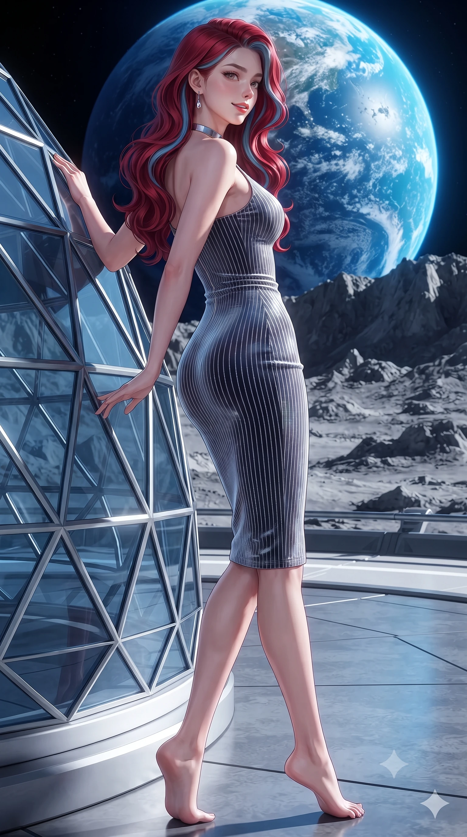 score_9, masterpiece, best quality, ultra-detailed, high-budget anime keyframe, editorial fashion photography, tasteful artistic composition, Caucasian woman. low angle full-body shot from head to toe showing her feet, filling the entire 9:16 vertical frame with her statuesque presence, stretching her vertical silhouette. walking along the terrace with poise, looking back over her bare shoulder with an irresistible smoldering bedroom-gaze while leaning against the faceted diamond-glass dome strut with hips cocked back, gazing up at the brilliant blue marble of Earth rising over lunar peaks with bedroom-eyes. The surrounding environment is rendered in vivid detail and crisp panoramic clarity: detailed fabric weave, tailored fit, and futuristic lunar outpost architecture in high resolution. She has an exceptionally tall and slender model-like 8.5-heads proportion, an ultra-slim waist, a flat toned midriff, narrow delicate ribcage, and beautifully sculpted feminine hips creating a graceful, slim hourglass silhouette without any bulky heaviness, with impossibly long slender legs. sharp v-shaped jawline, high-bridge nose, intricate jewel-like sparkling eyes with depth, thick eyelashes, glossy parted lips with a natural peach sheen, bright cheerful beaming smile with an enchanting and coquettish sensual glint, exuding both youthful cute charm and seductive allure, flawlessly proportioned anatomical accuracy, strict slender model proportions, natural body alignment, perfectly sculpted long slender limbs, ultra-slim waistline, clean dynamic posture without body distortion. wearing a tailored velvet bodycon dress with metallic fiber pinstripes following her statuesque 8.5-heads silhouette in iridescent mother-of-pearl and liquid molten silver, made of fluid liquid jersey with seamless sculpting hold and smooth contours, finished with a minimalist chrome choker and a single teardrop diamond pendant, the liquid-tight tailored fabric clinging flawlessly to her narrow waist and rounded feminine hips, emphasizing every millimeter of her sculpted slim hourglass curves without any bulky heaviness. illuminated by basalt tile reflection bounce and sharp Earth-blue rim lights sculpting her jawline, narrow waist, and curvy hips. ultra-reflective glossy finish, specular highlights, rich textural contrasts, high-contrast stereoscopic depth, volumetric dynamic lighting, 2k, ultra detail, master piece, 9:16 ratio