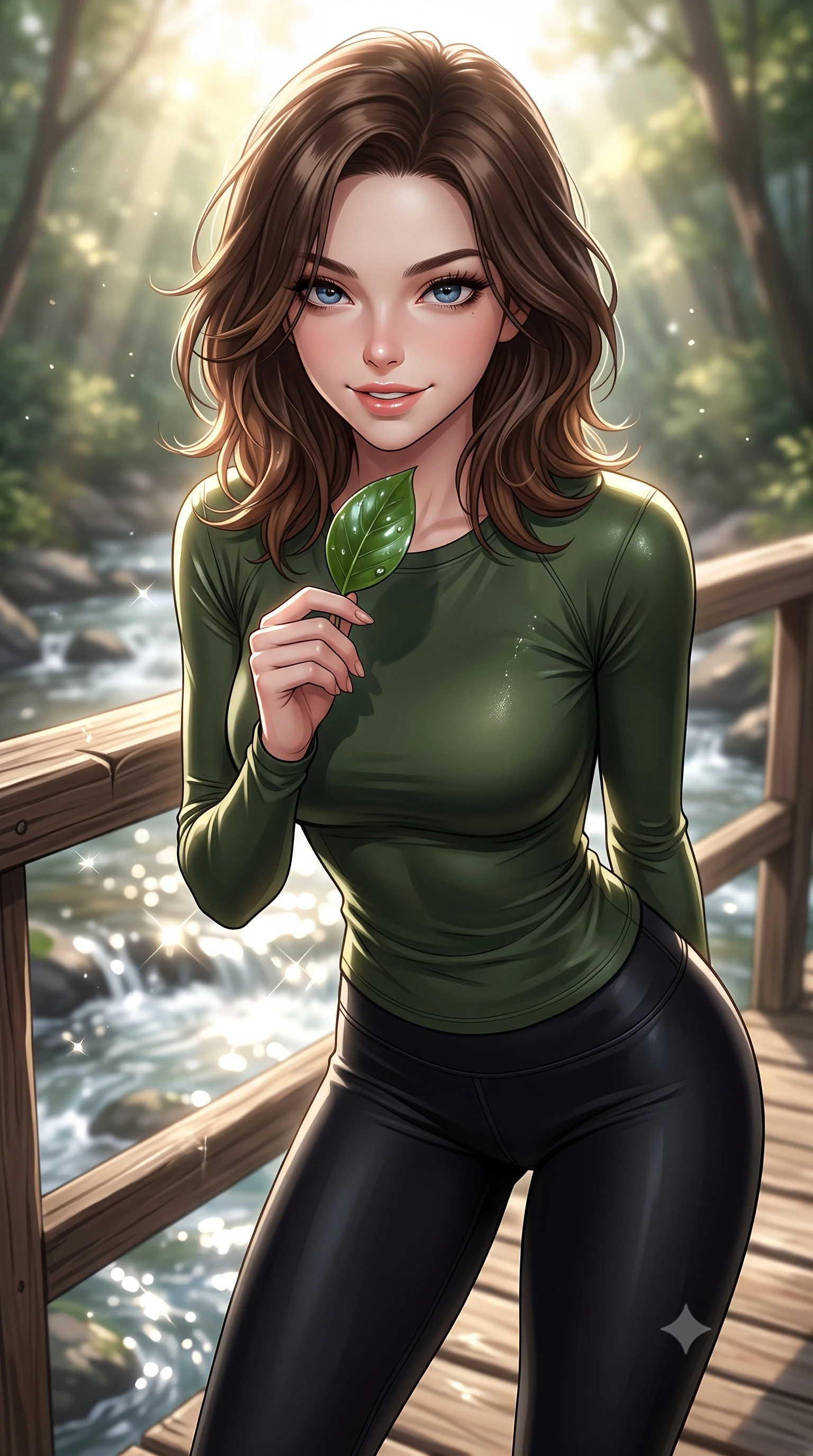 score_9, masterpiece, best quality, ultra-detailed, high-budget anime keyframe, editorial fashion photography, tasteful artistic composition, Korean woman. close-up cowboy shot from the waist and thighs up, the character dominates the composition, filling the frame with her large presence, background elements kept in soft focus. leaning slightly forward with a playful, sultry smile that holds direct, intense eye contact set against a soft-focus background of on a rustic wooden bridge crossing a shallow, bubbling valley stream holding a smooth green leaf with a happy, refreshed expression. She has an exceptionally elegant, slender, and willowy female figure with an ultra-slim waist, a gracefully sculpted slender torso, and a refined silhouette. sharp v-shaped jawline, high-bridge nose, intricate jewel-like eyes with depth, thick eyelashes, glossy lips with a natural sheen. wearing body-hugging tight-fitting athletic long-sleeve top in olive green, paired with form-contouring leggings. bright morning sun rays creating sparkling glints on the moving stream. ultra-reflective glossy finish, specular highlights, metallic sheen, high-contrast stereoscopic depth, volumetric dynamic lighting, 2k, ultra detail, master piece, 9:16 ratio